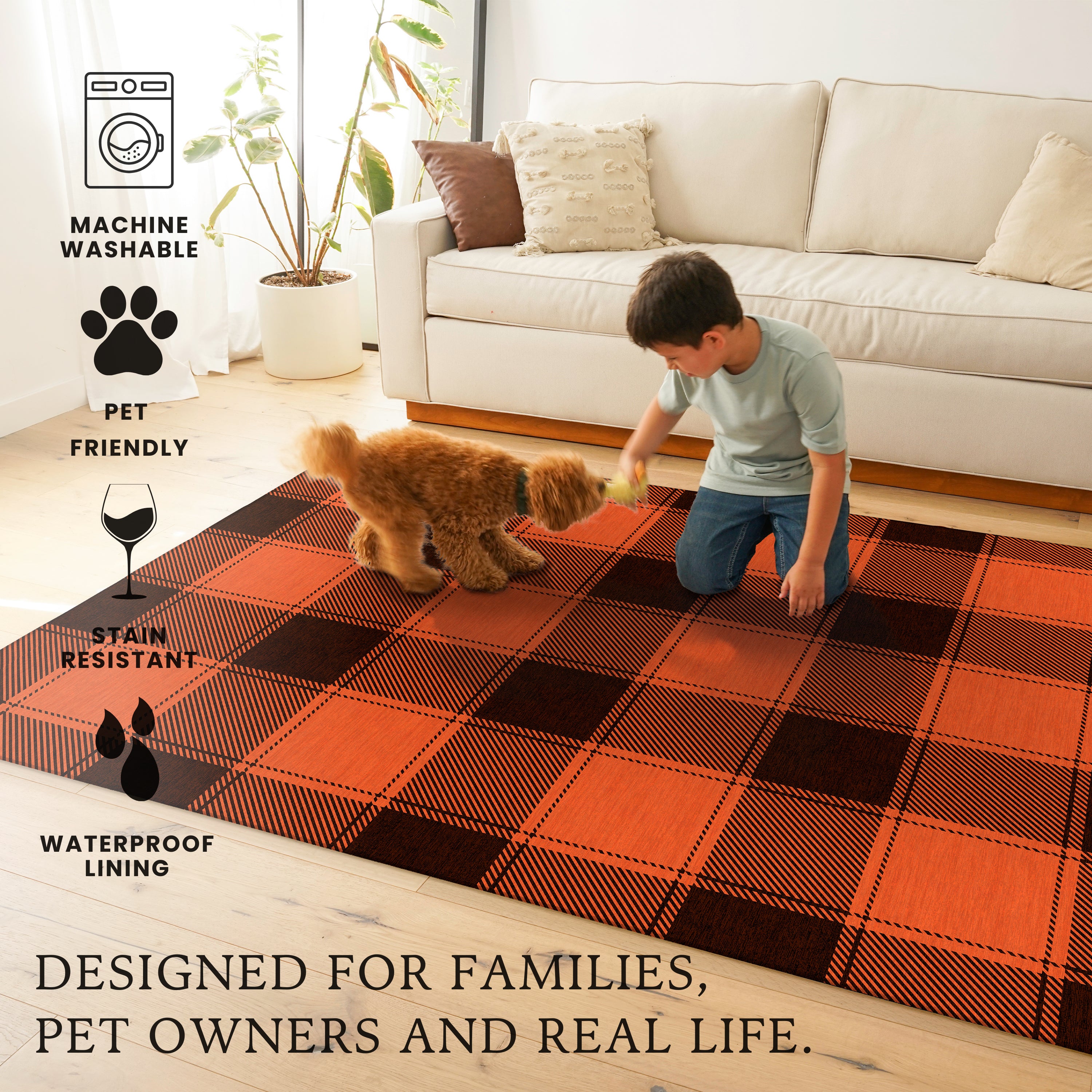 Buffalo Plaid Black Orange Machine Washable Rug