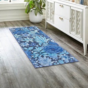 Floral Bloom Blue Washable Rug