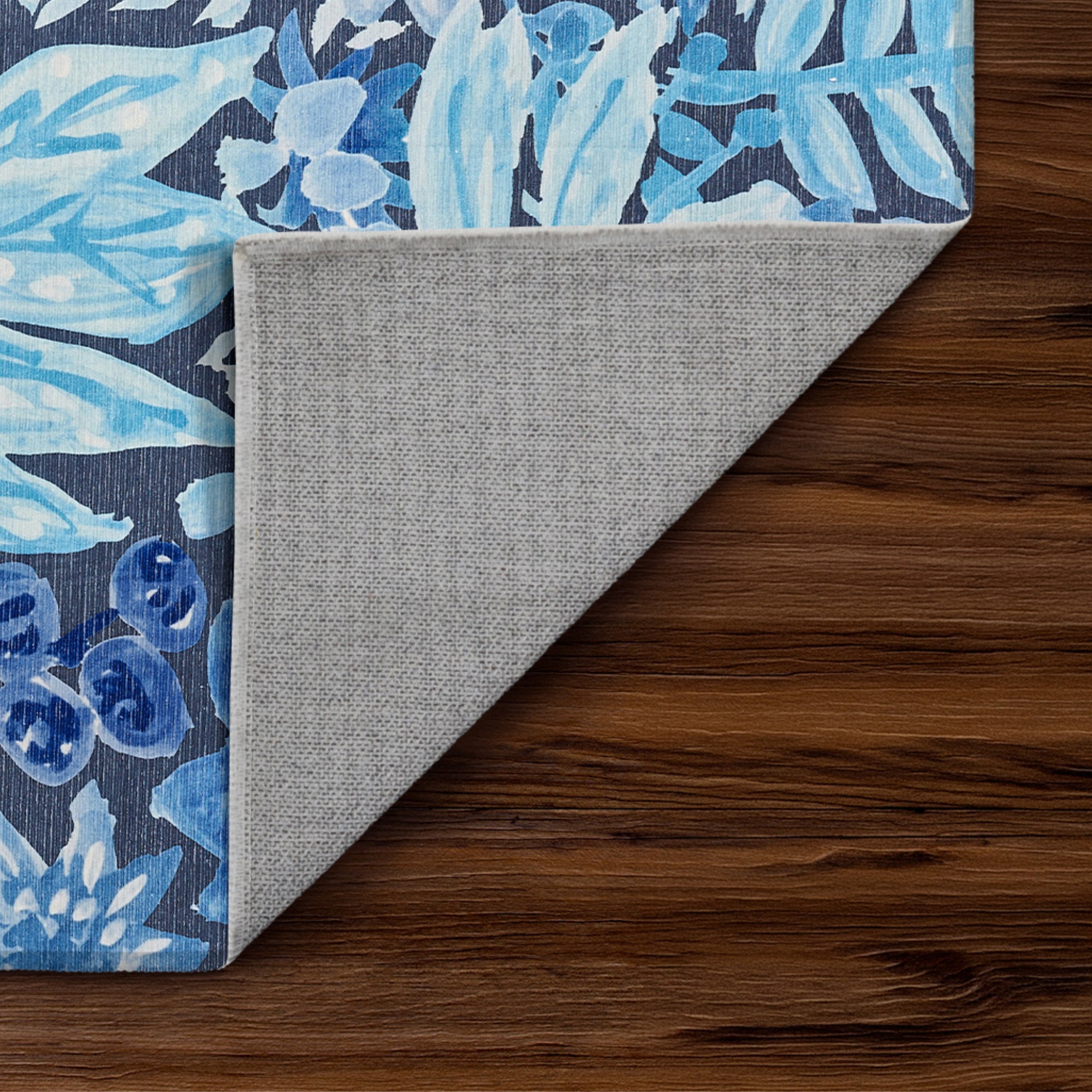 Floral Bloom Blue Washable Rug