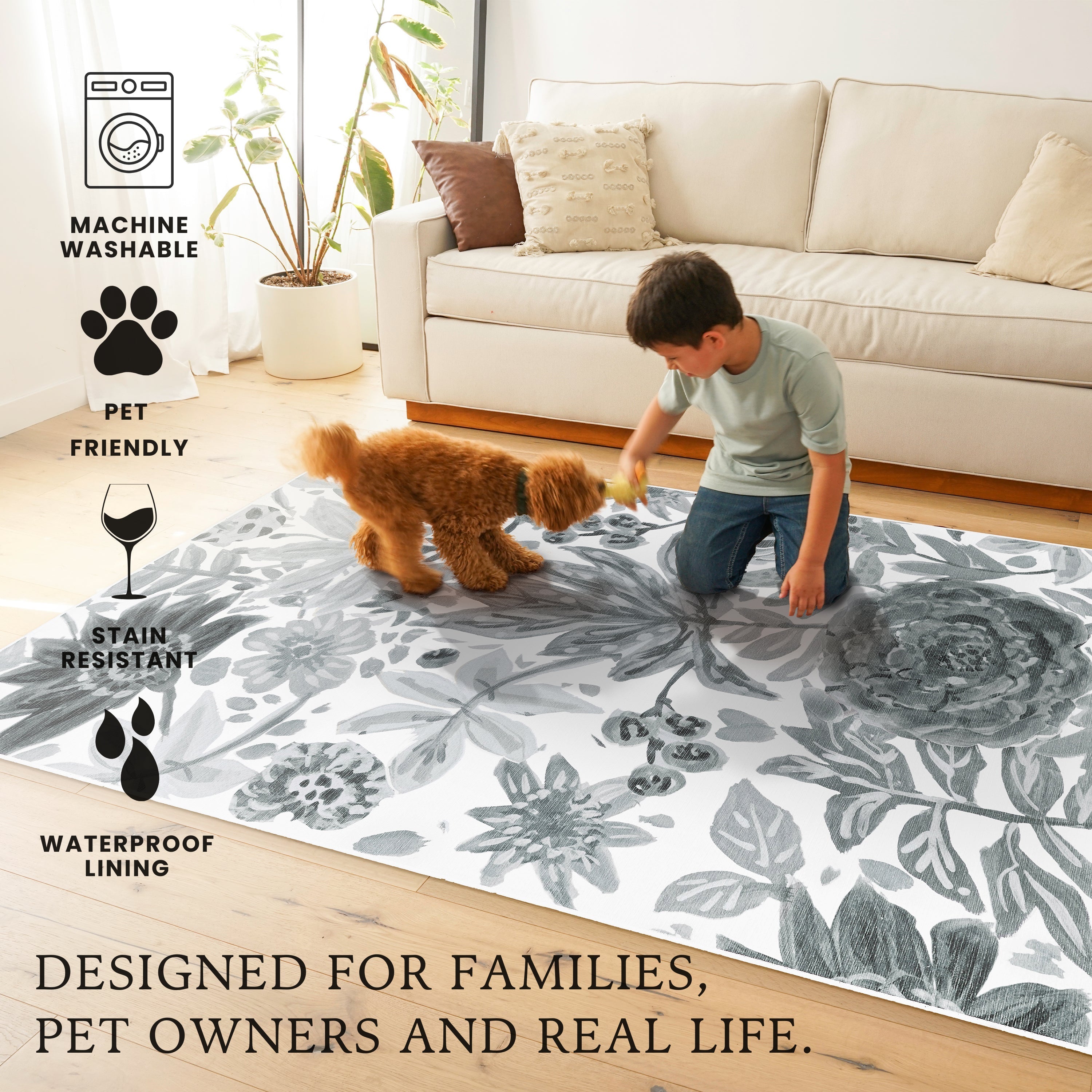 Floral Bloom Grey Bedroom Washble Rug