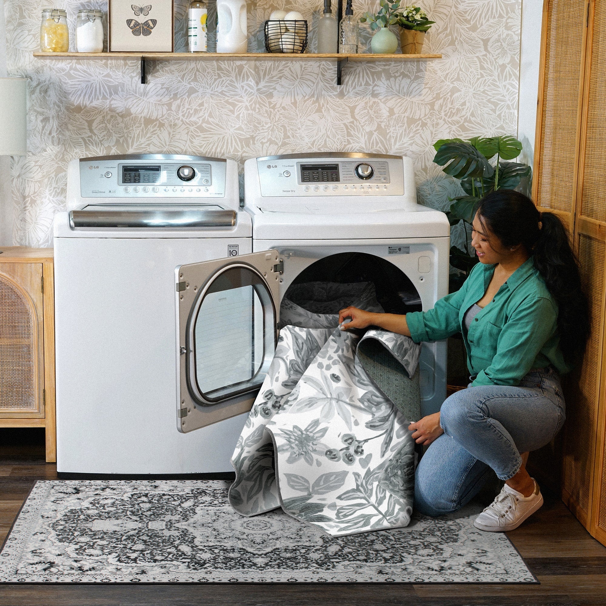 Floral Bloom Grey Bedroom Washble Rug