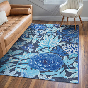 Floral Bloom Blue Washable Rug