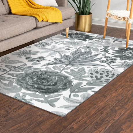 Floral Bloom Grey Washable Rug