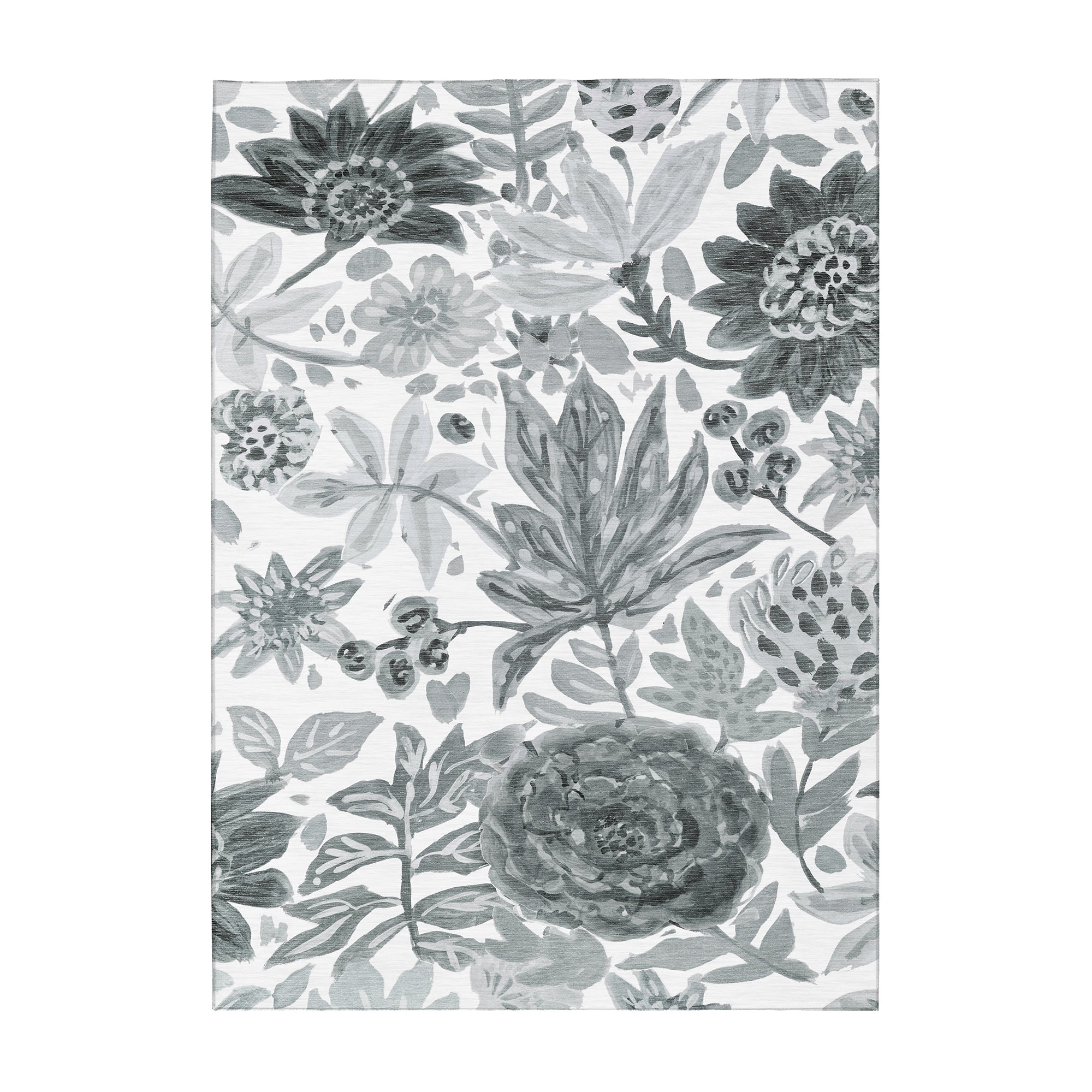 Floral Bloom Grey Living Room Washable Rug