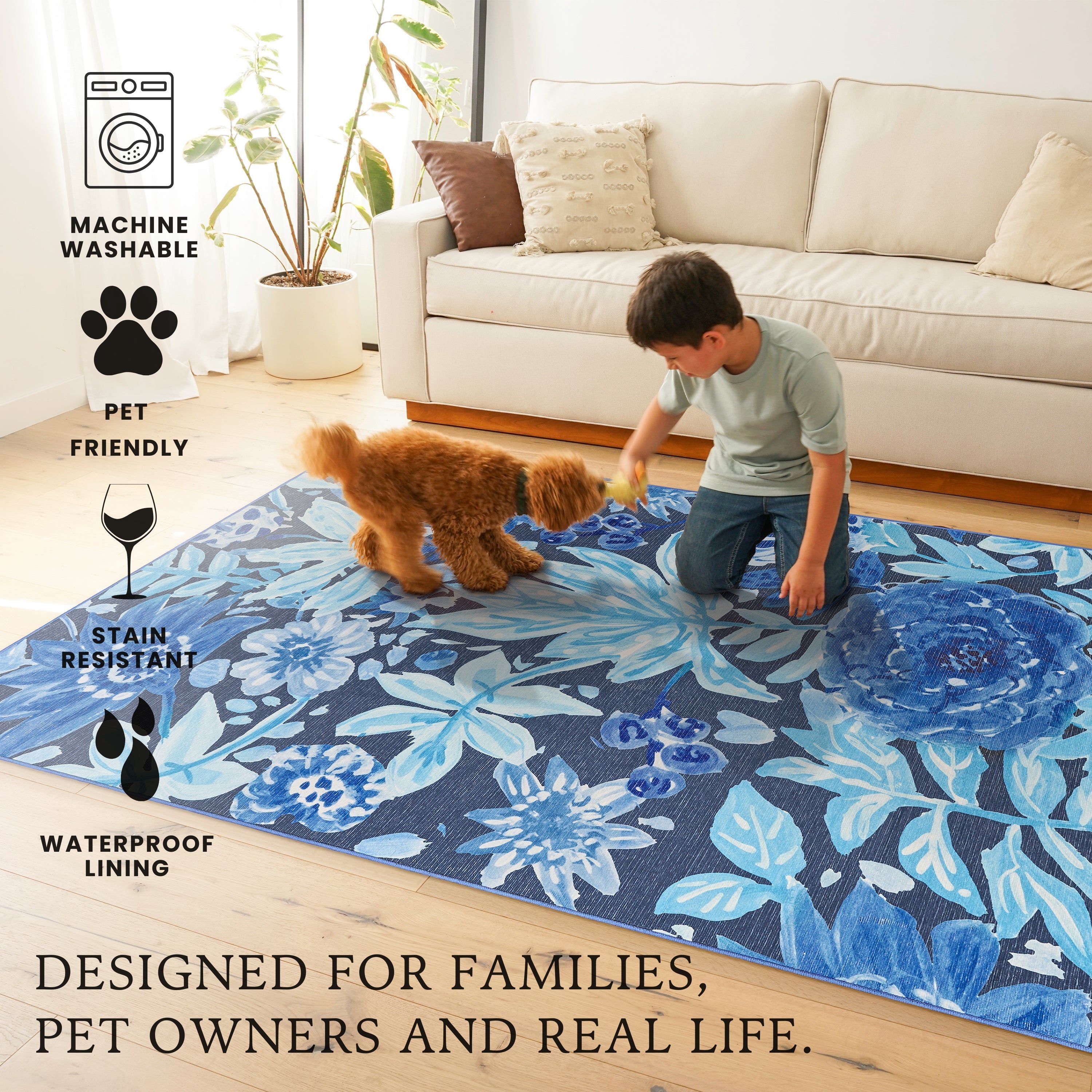 Floral Bloom Blue Washable Rug