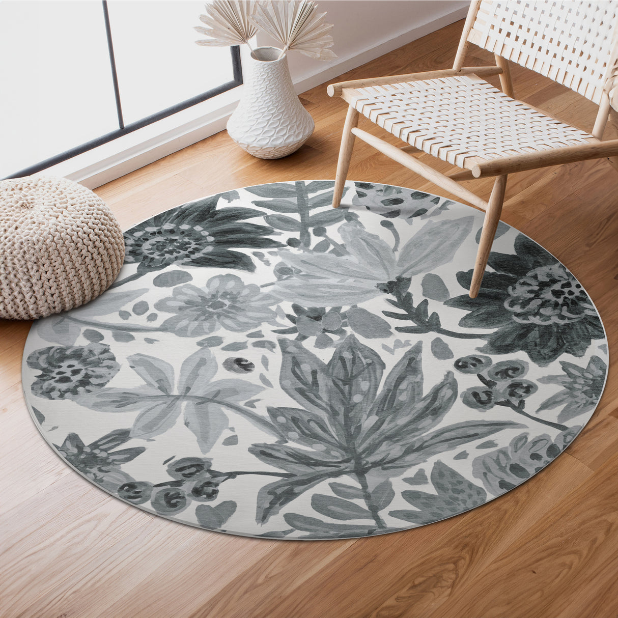 Floral Bloom Grey Washable Rug