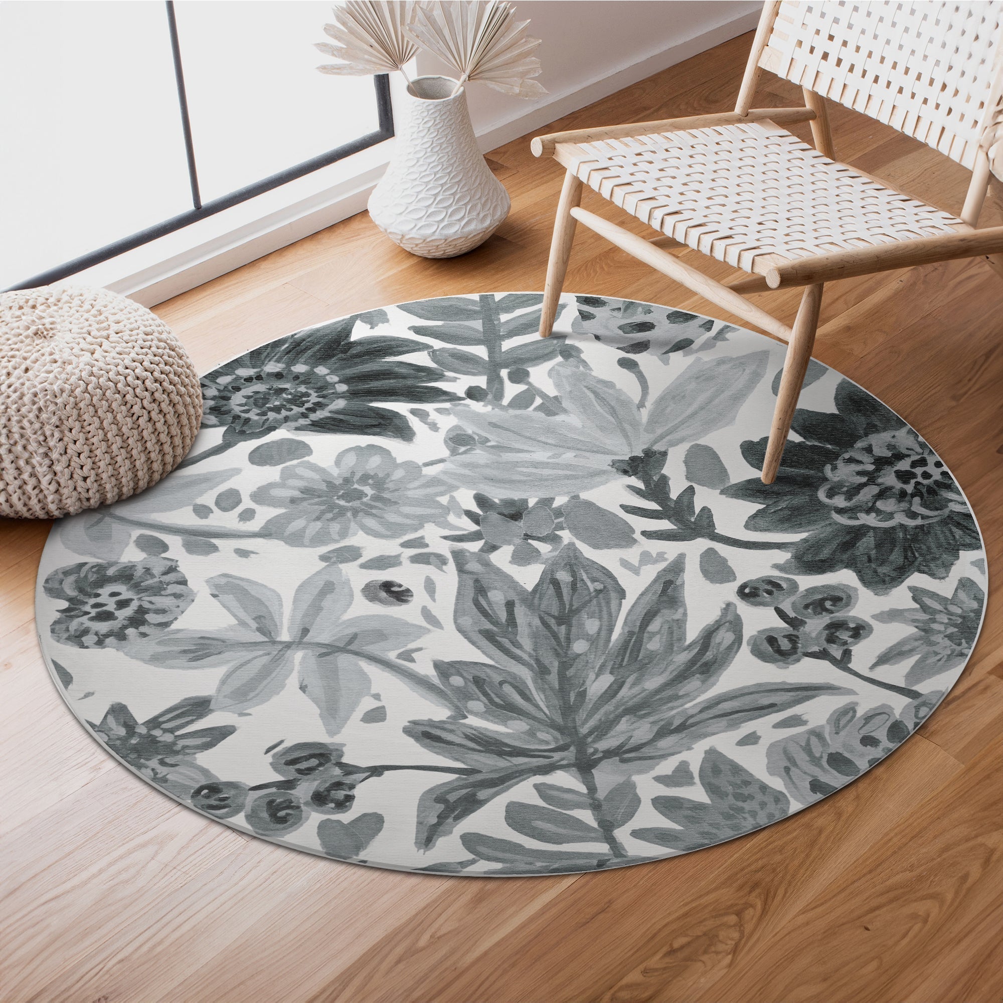 Floral Bloom Grey Bedroom Washble Rug