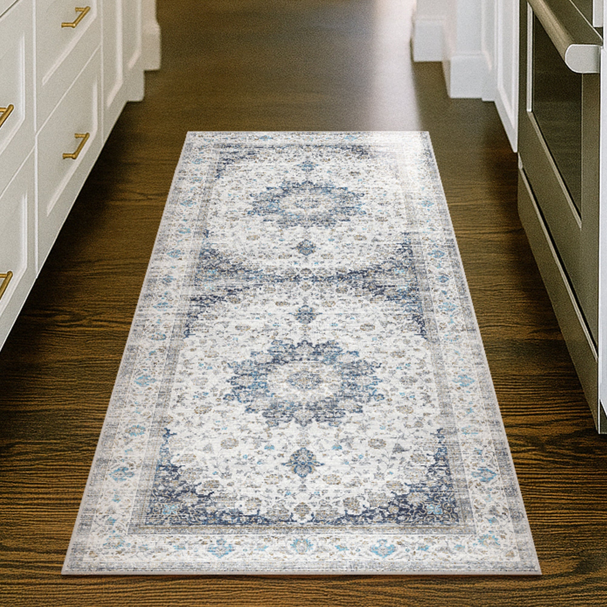 Vespera Medallion Silver Bathroom Machine Washable Rug
