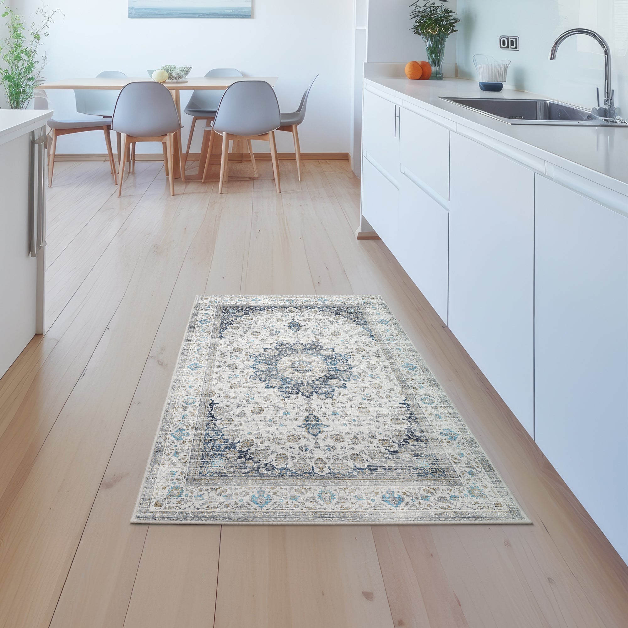 Vespera Medallion Silver Bathroom Machine Washable Rug