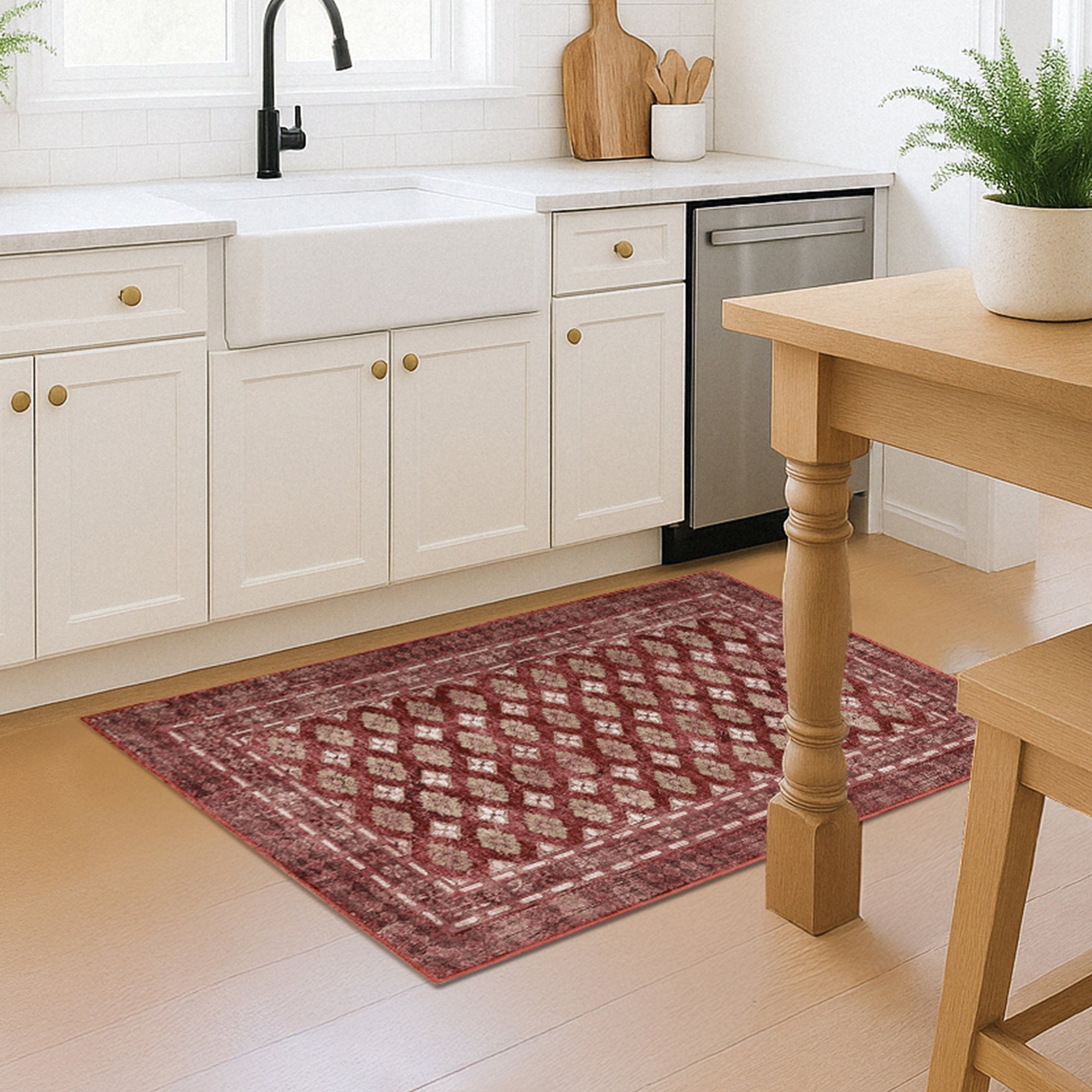 Elara Rouge Kitchen Machine Washable Rug