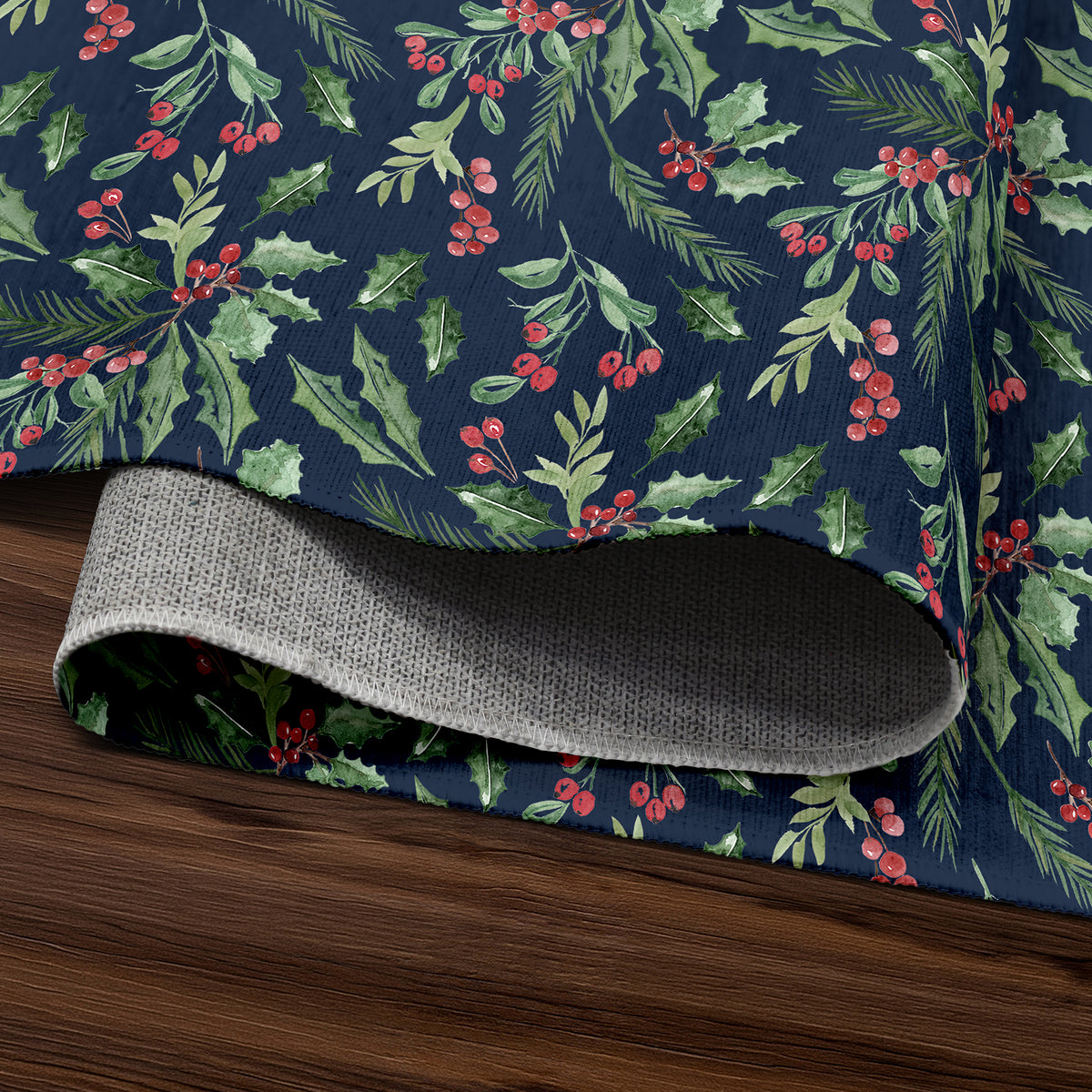 Holiday Winter Christmas Tradition Green Holly & Red Berries Machine Washable Area Rug, Blue, Green, Red Traditional design, Ruggable style washable rug for Living Room, Bedroom, Kitchen and Hallway.