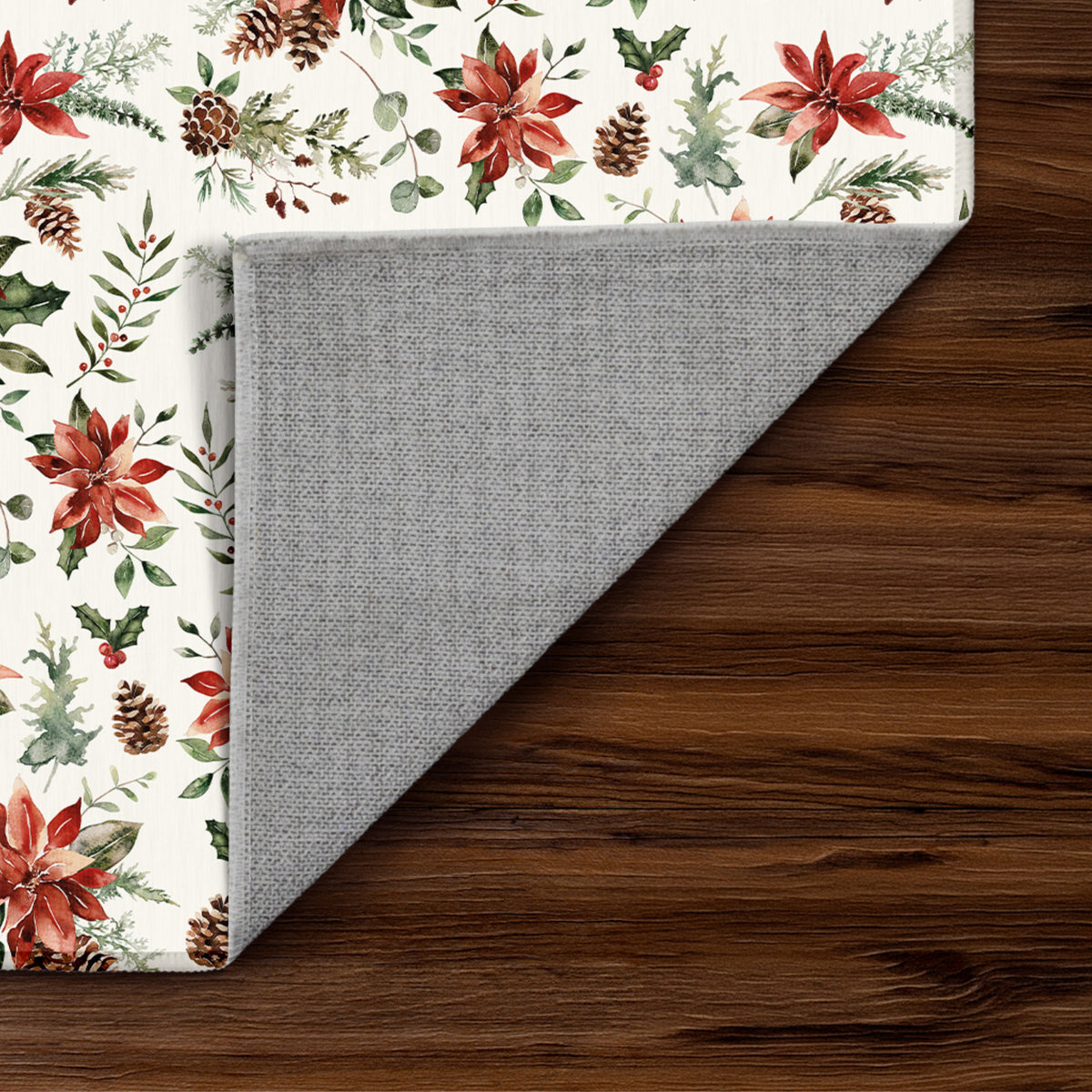 Holiday Winter Christmas Holly Red Poinsettia Machine Washable Area Rug, Blue, Red Traditional design, Ruggable style washable rug for Living Room, Bedroom, Kitchen and Hallway.