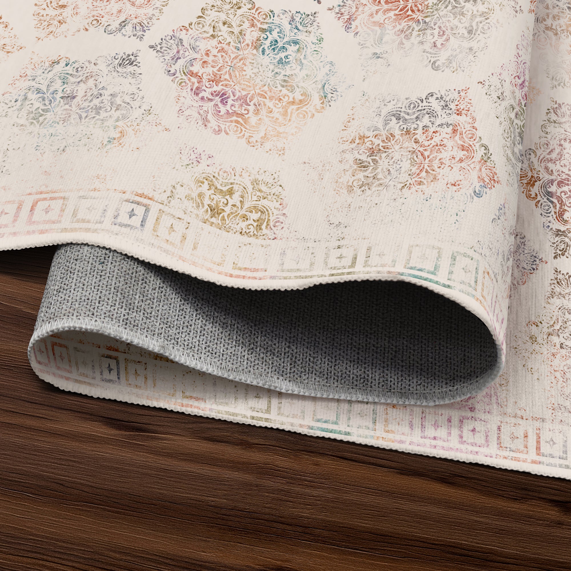 Delilah Damask Cream Machine Washable Rug