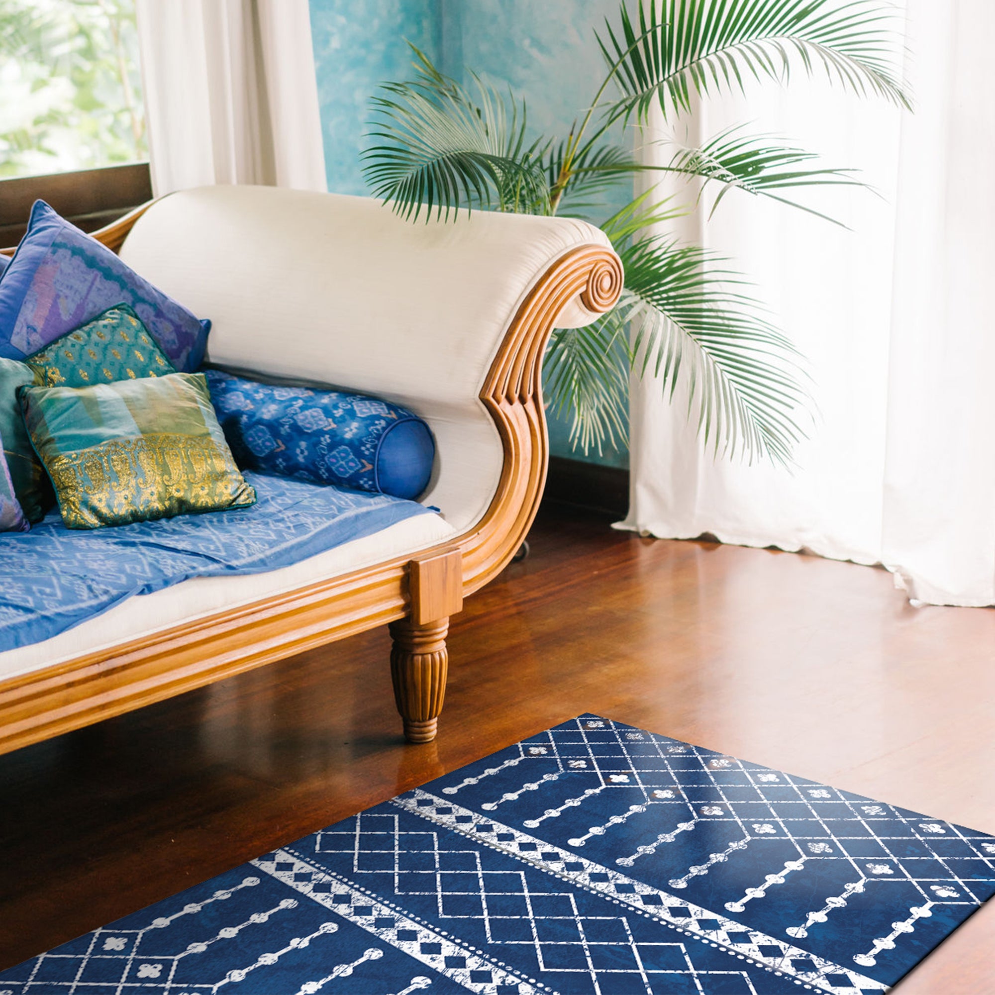 Amelia Moroccan Blue White Machine Washable Rug