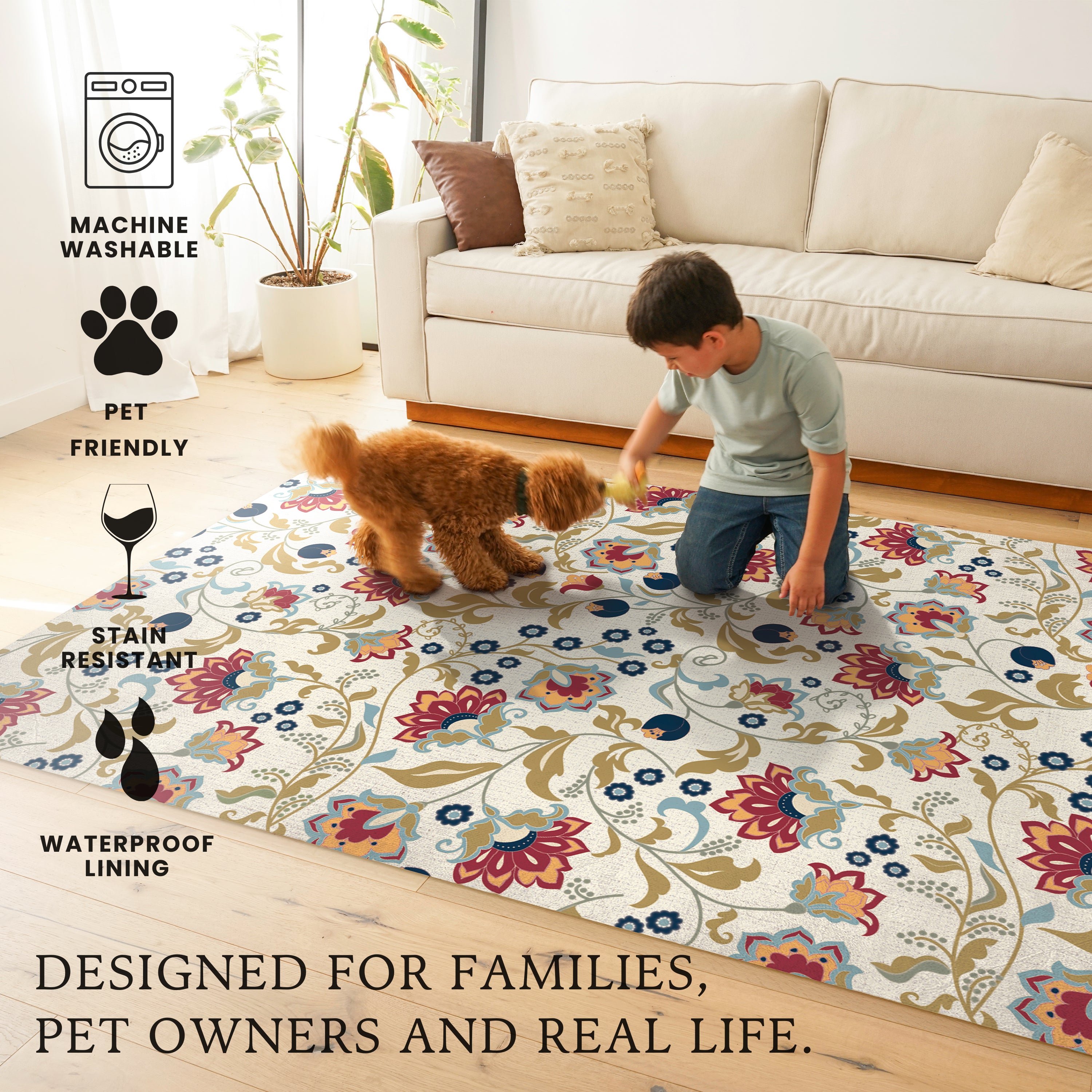 Zinnea Floral Red Blue Machine Washable Rug