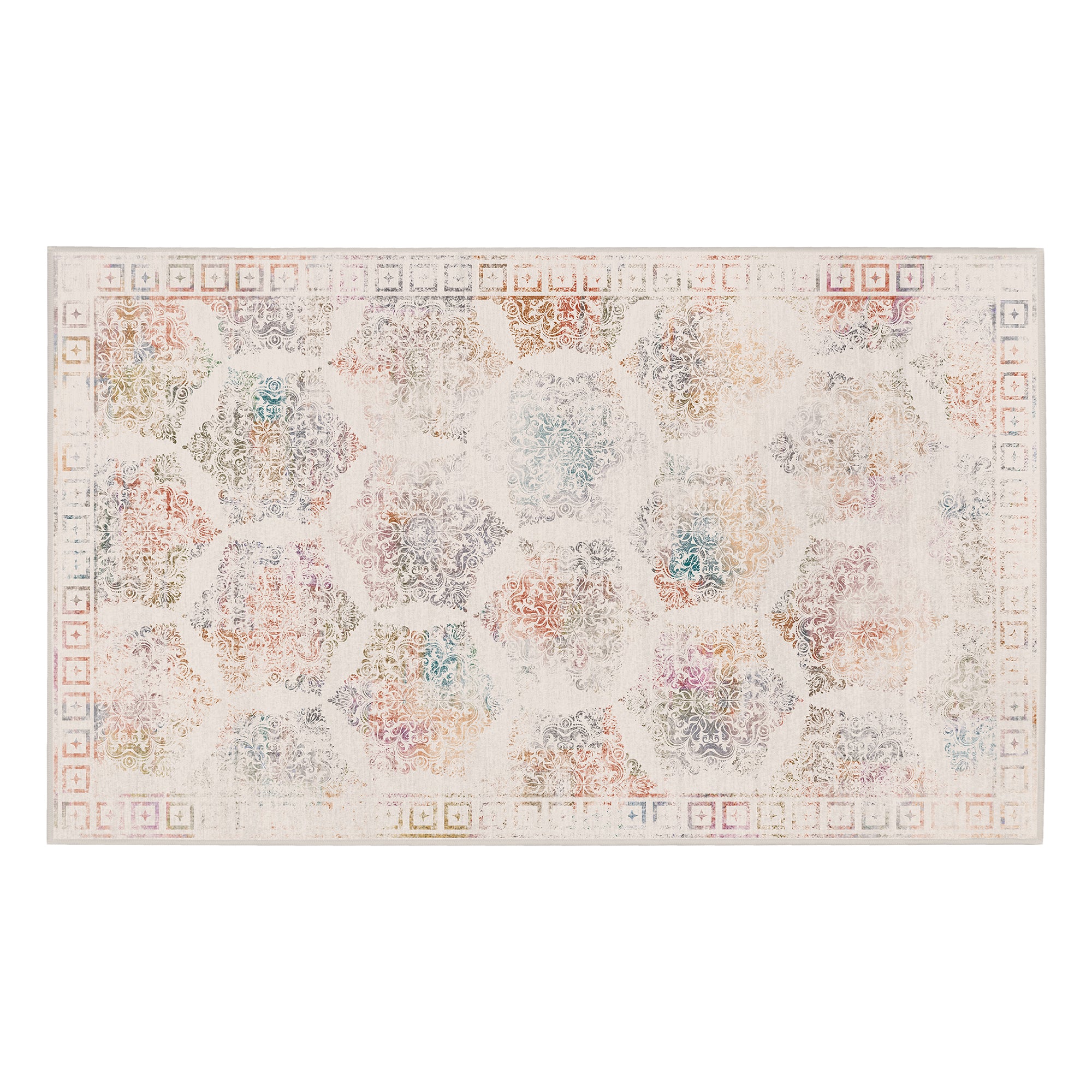 Delilah Damask Cream Machine Washable Rug