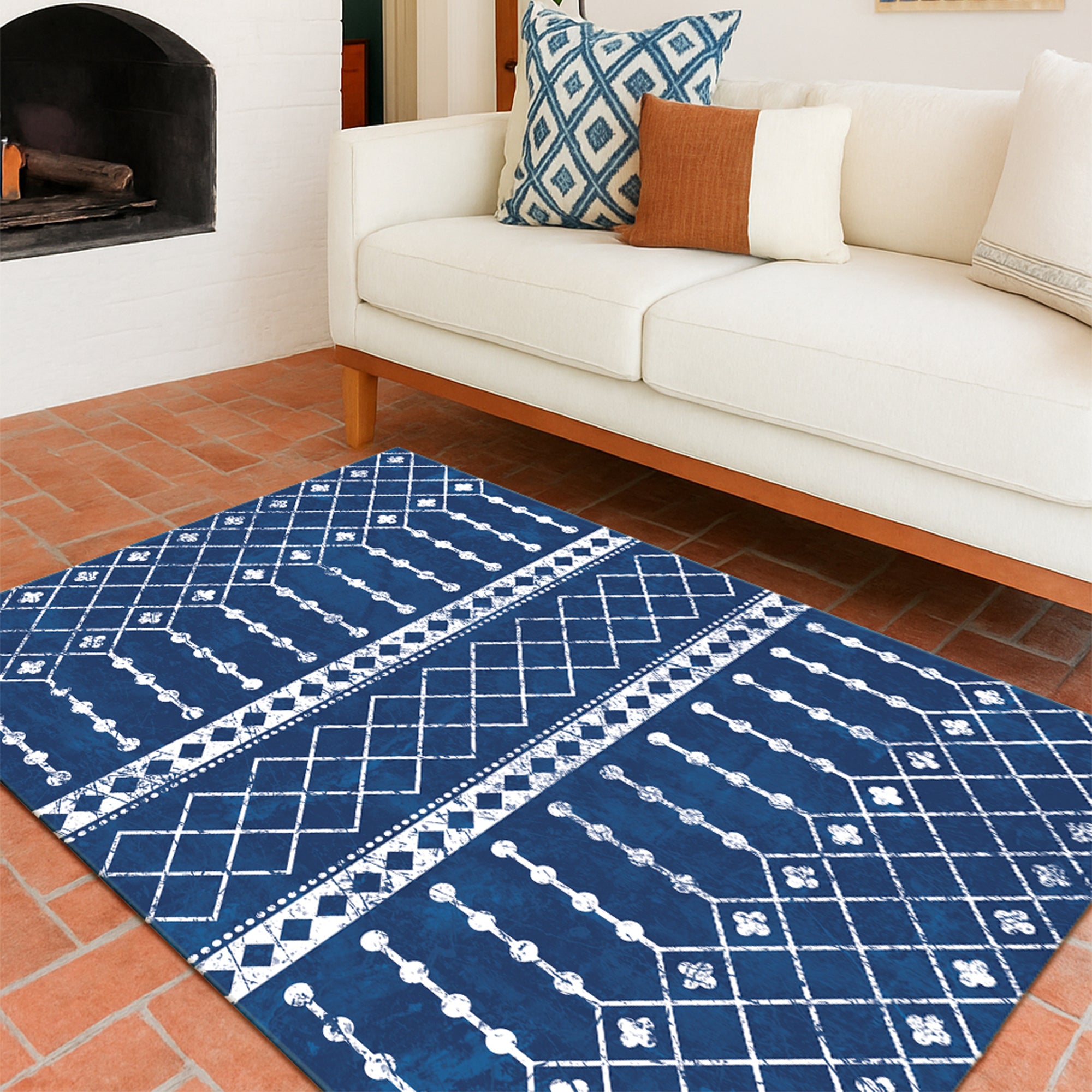 Amelia Moroccan Blue White Machine Washable Rug