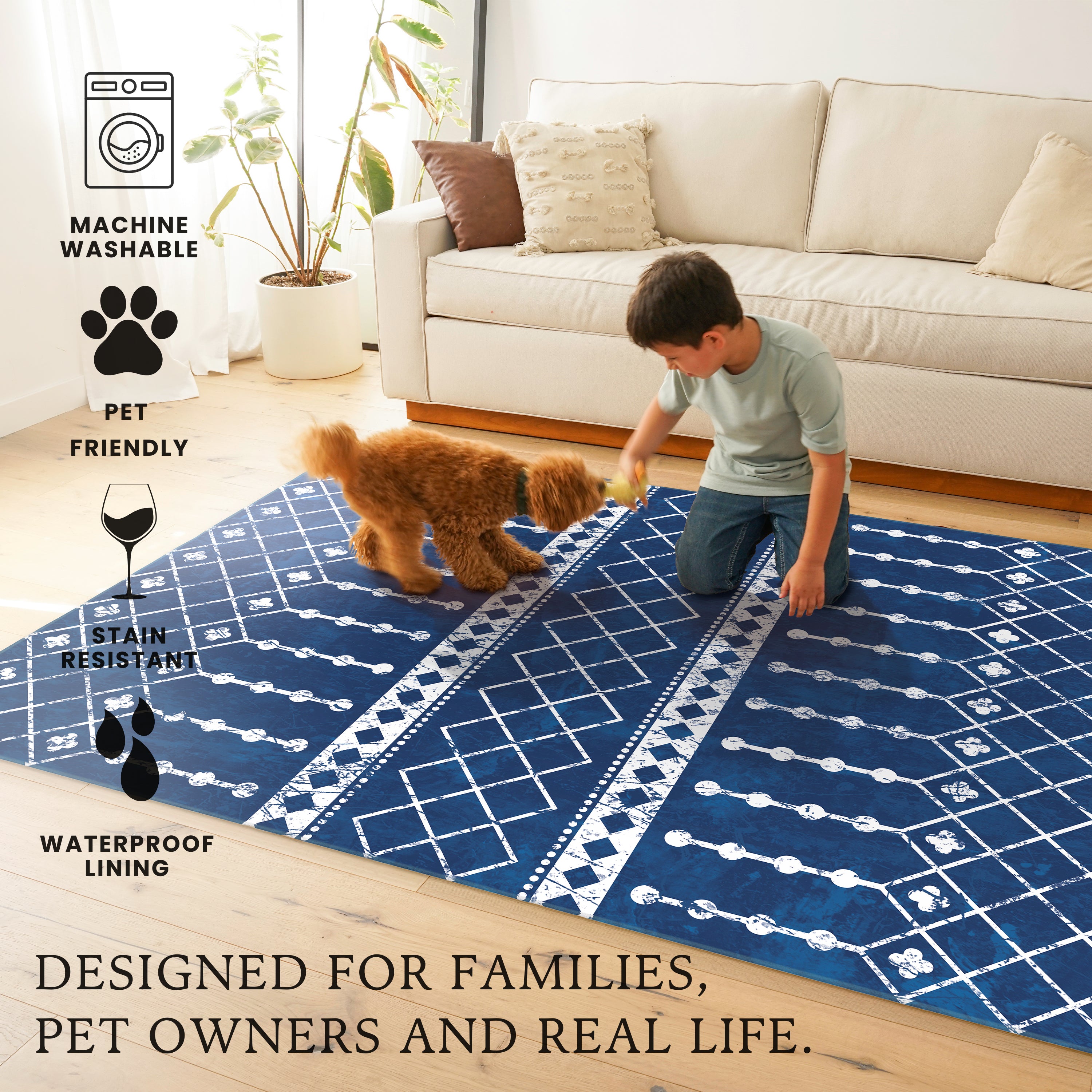 Amelia Moroccan Blue White Machine Washable Rug