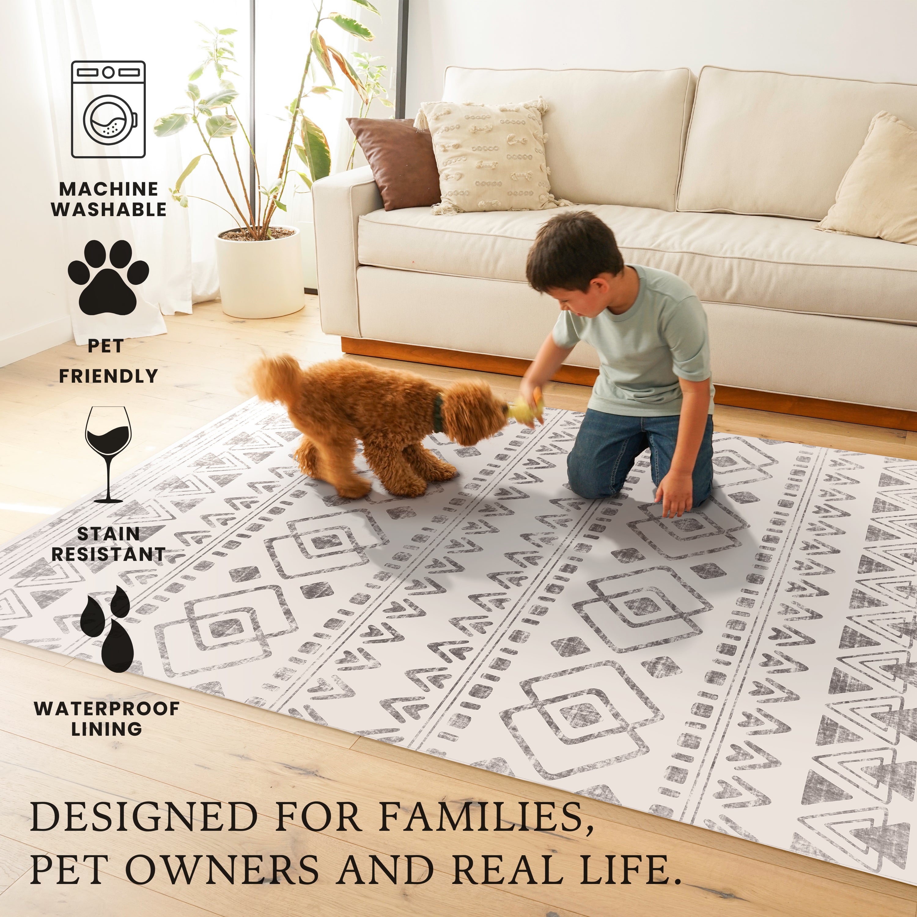 Ebony Distressed Tribal Beige Machine Washable Rug