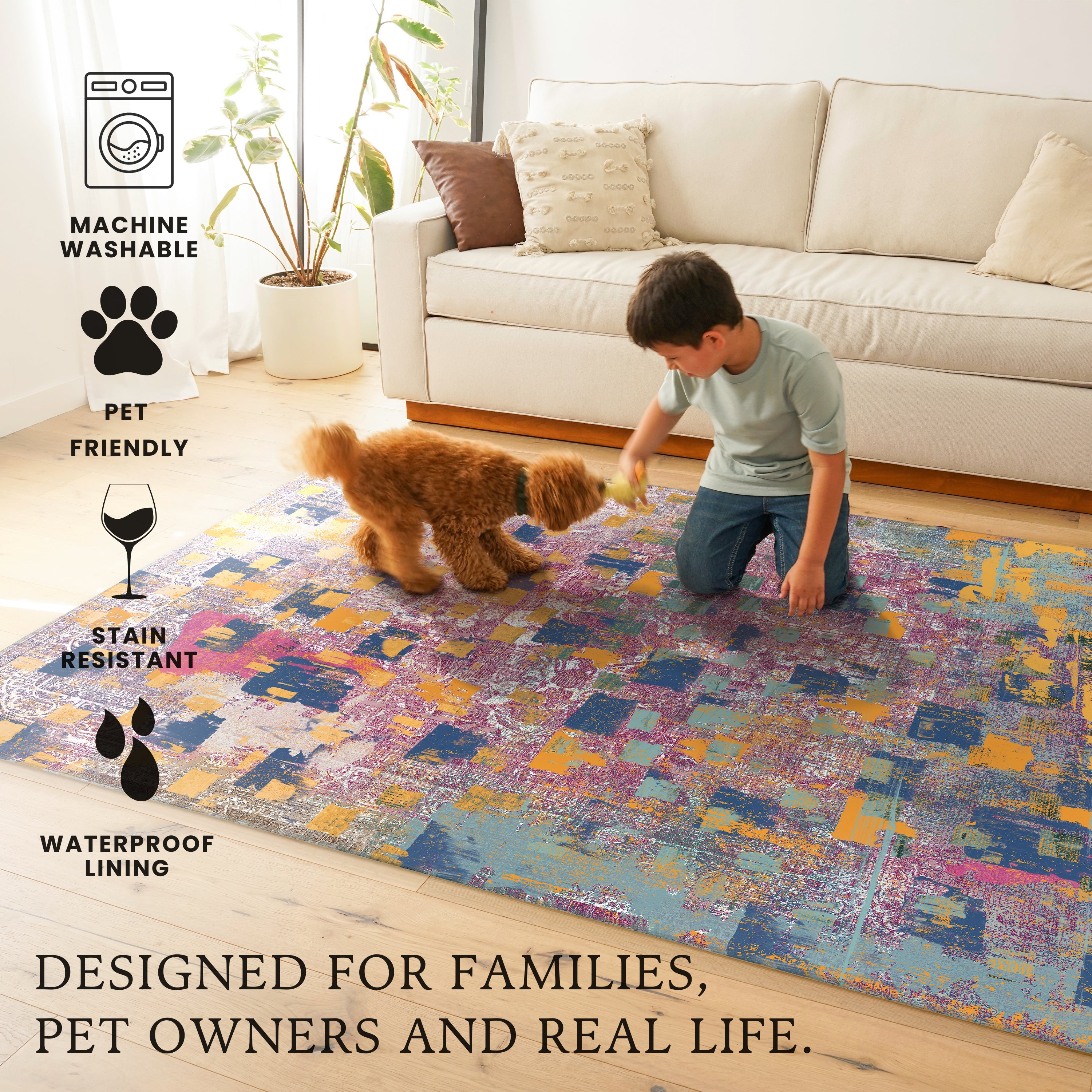 Johanna Abstract Gold Multicolor Machine Washable Rug