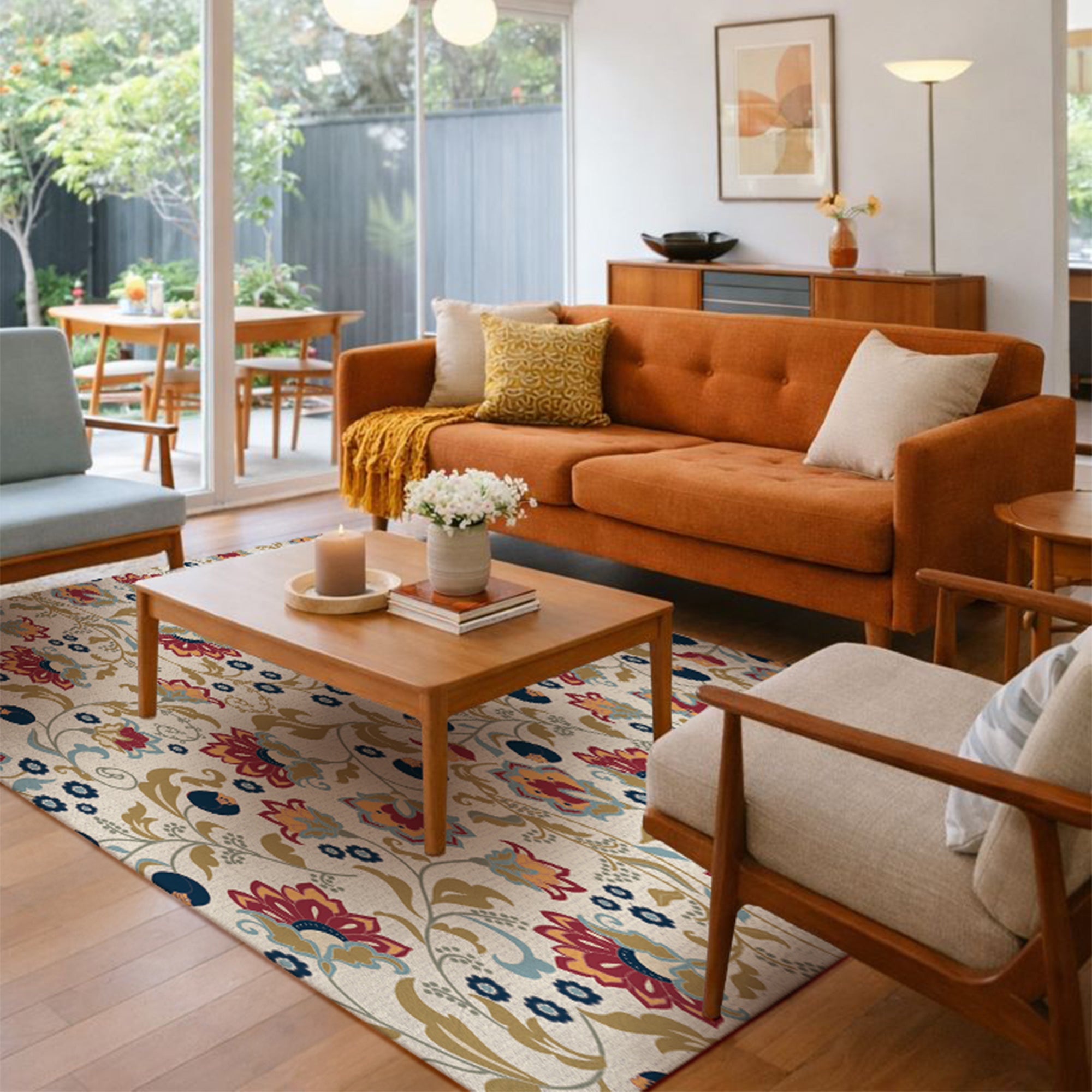 Zinnea Floral Red Blue Machine Washable Rug