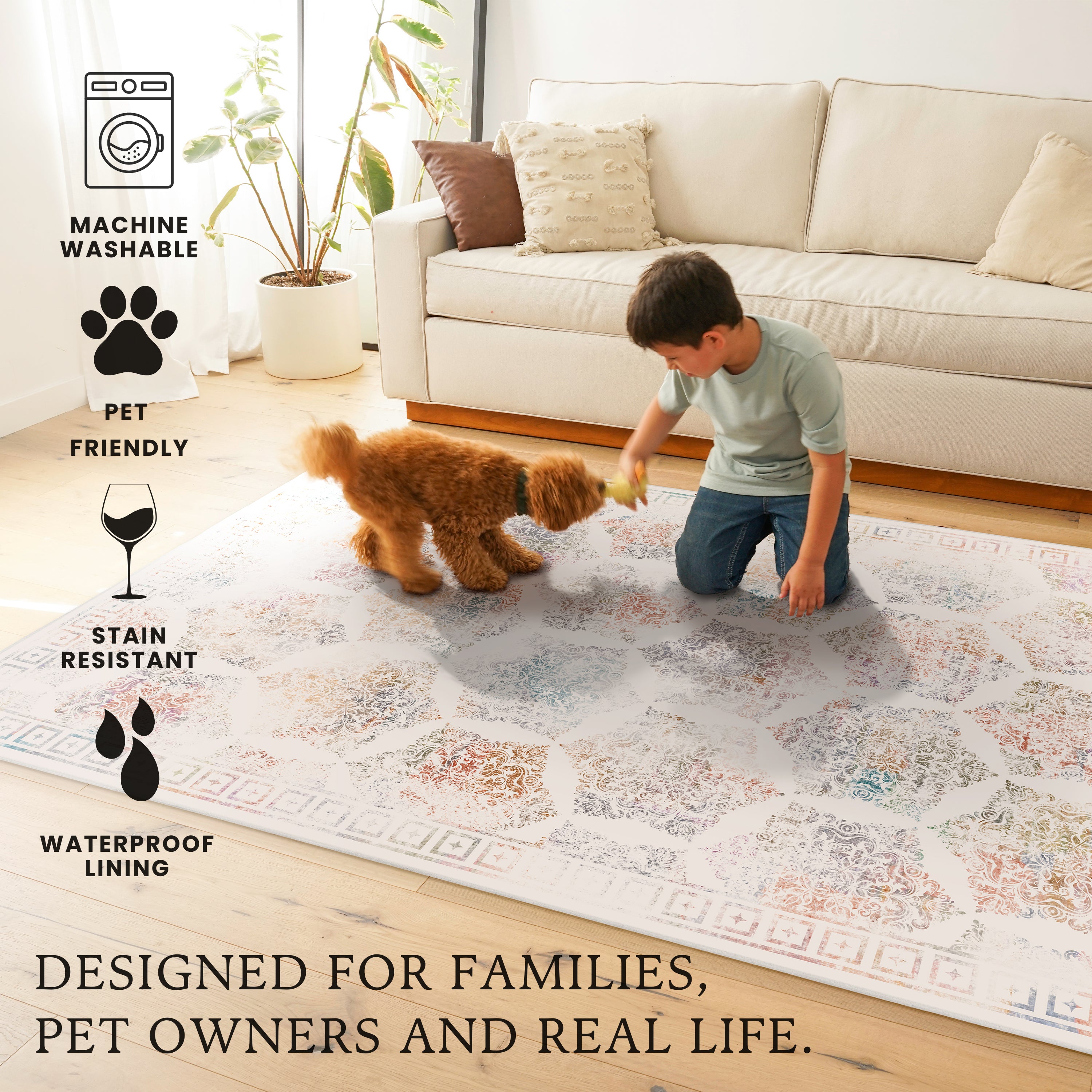 Delilah Damask Cream Machine Washable Rug