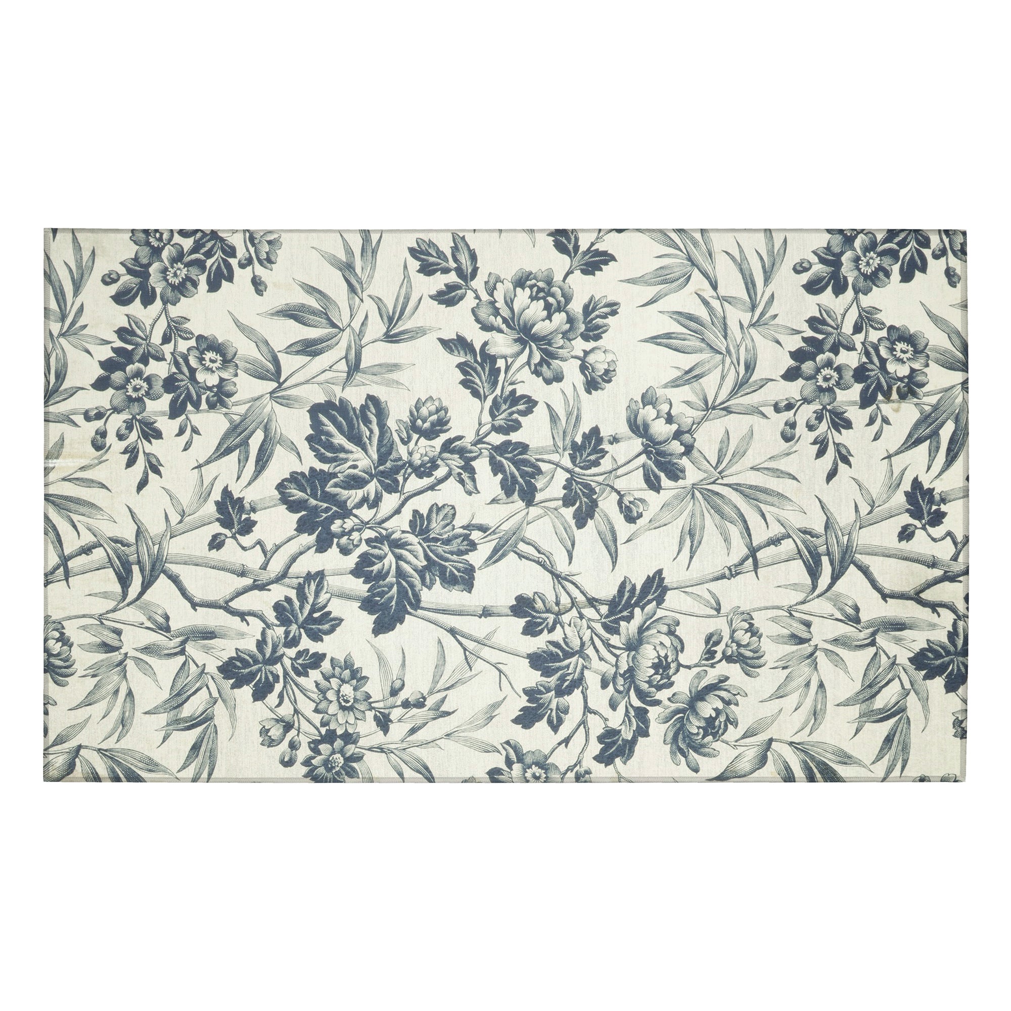 Daphne Floral Machine Washable Rug 3 x 5 ft – Blue Toile Botanical Non Slip Area Rug