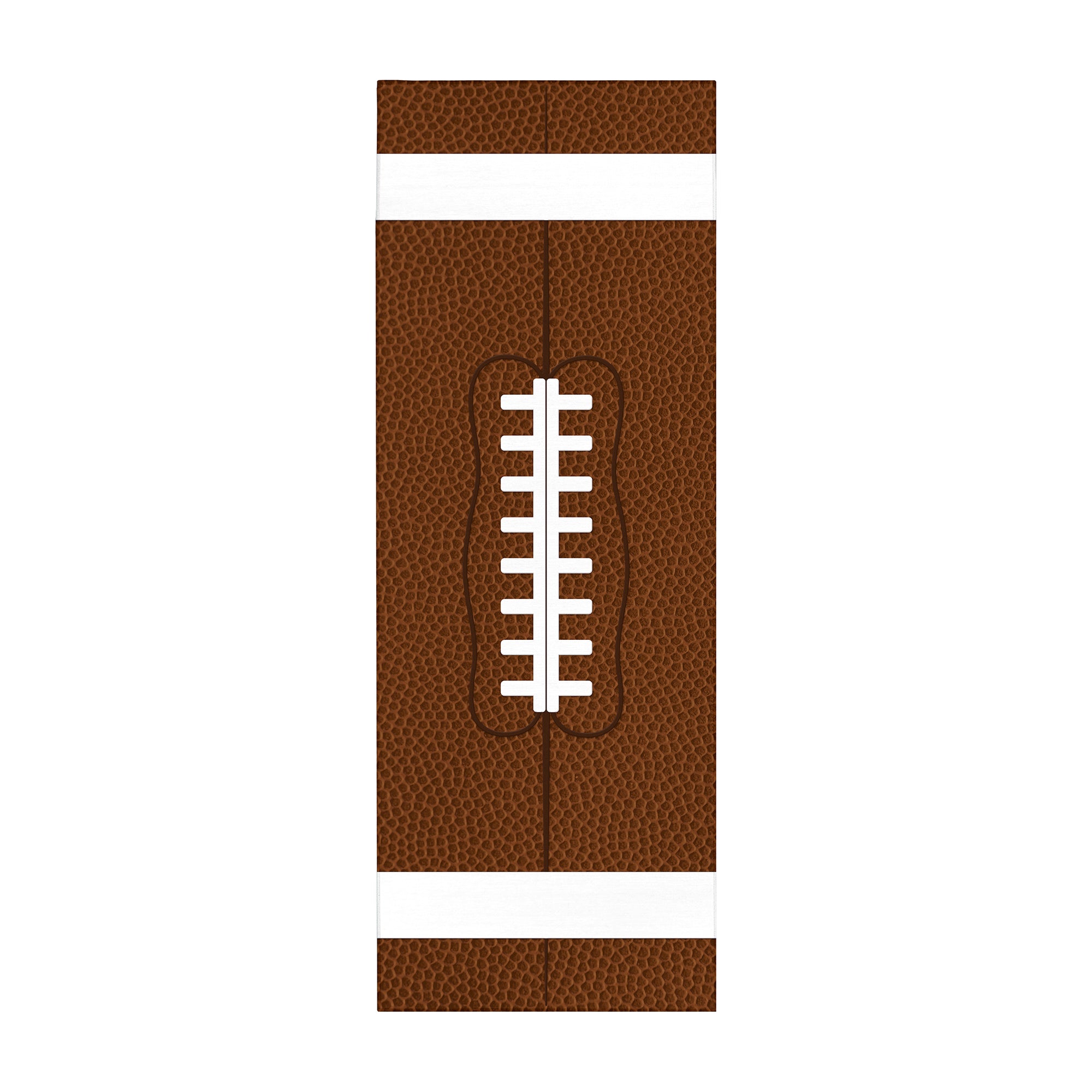 Brown football machine washable 2.5x7 runner rug, 3x5 or 5x7 area rug with white stripes and laces for boys rooms, game rooms, hallways, kitchens and football fan spaces.