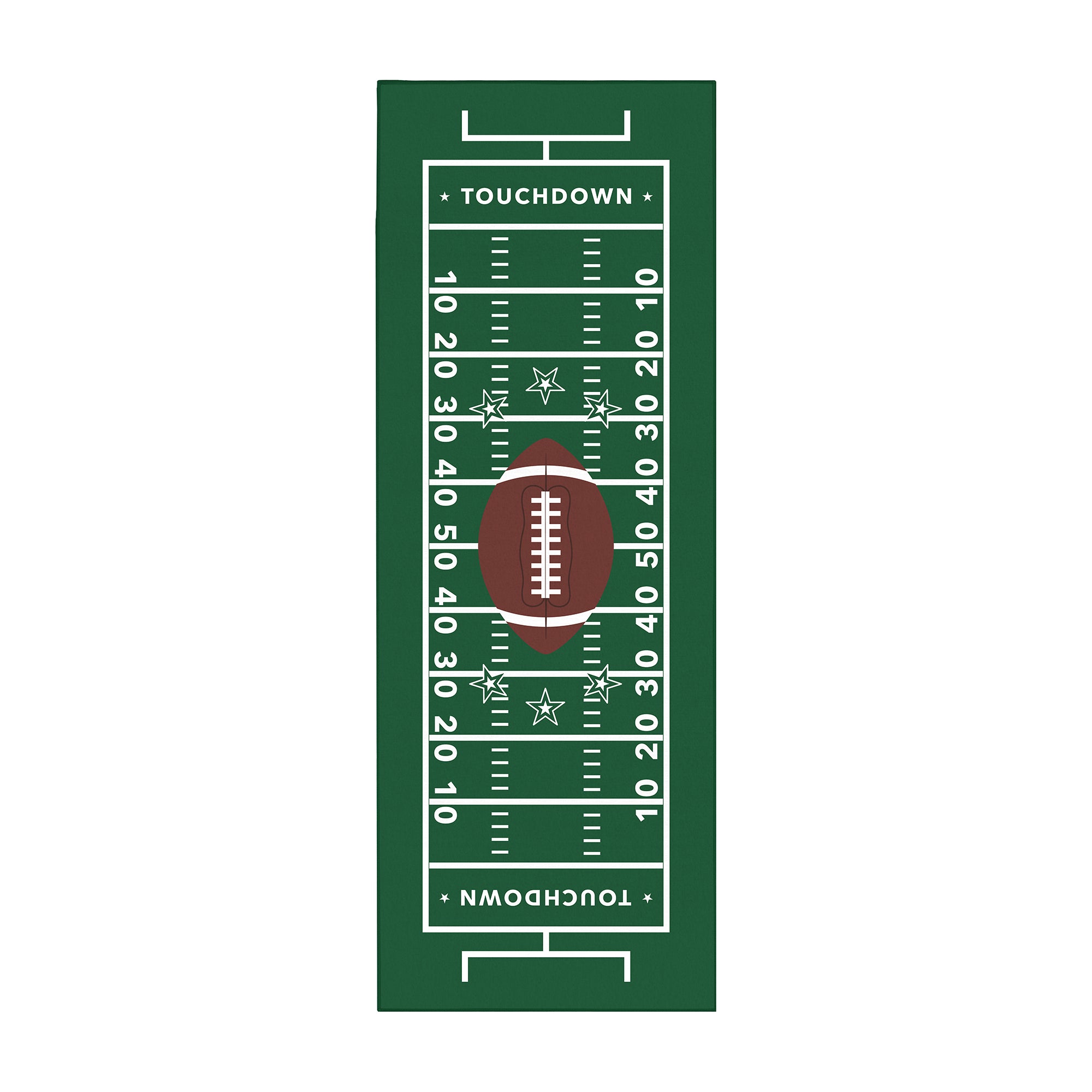 Green football touchdown field machine washable 2.5x7 runner rug with white yard lines and centered football for boys rooms, game rooms, hallways and kitchens.