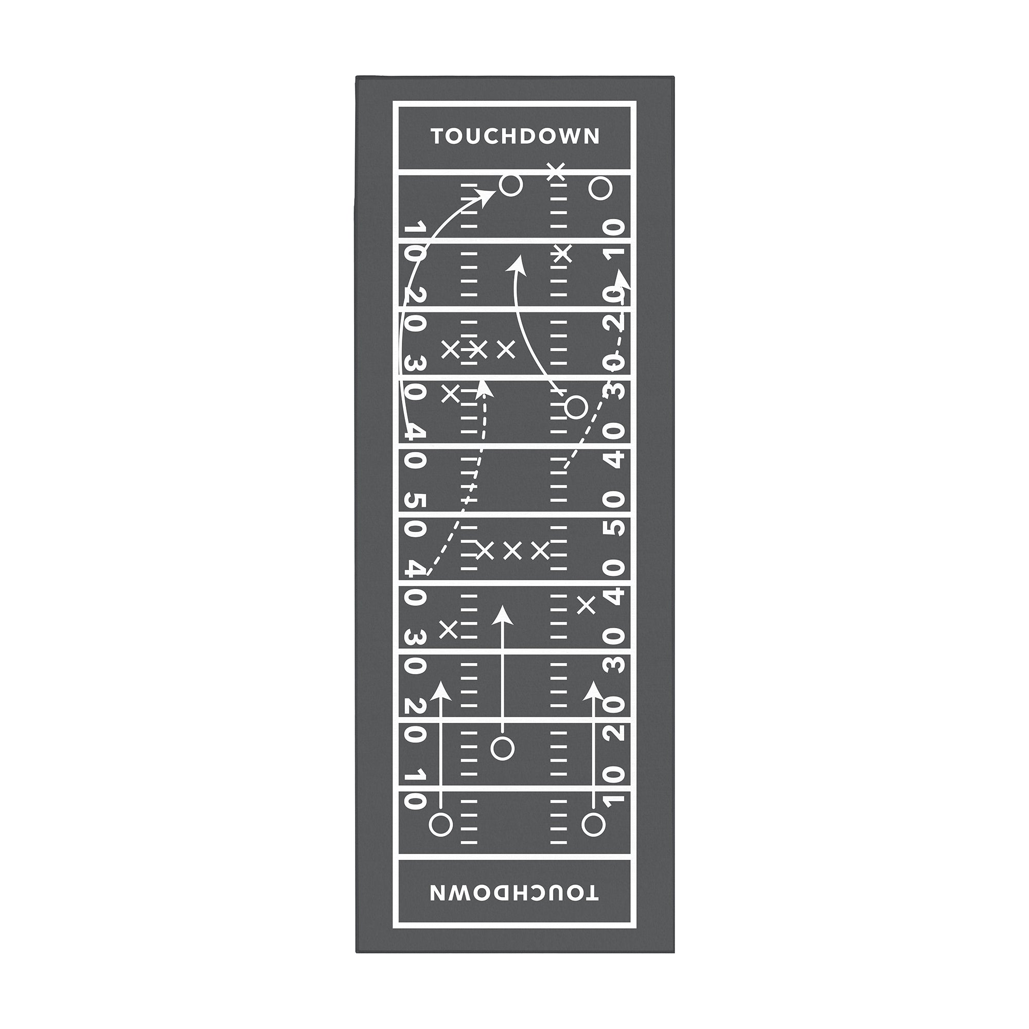 Gray football touchdown playbook machine washable 2.5x7 runner rug with white yard lines, X-and-O formations and route arrows for boys rooms, game rooms, hallways and kitchens.