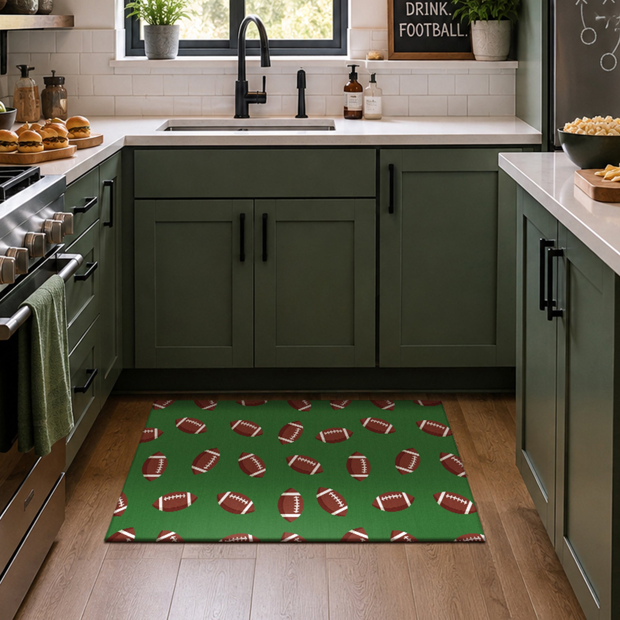 Football Pattern Green Machine Washable Rug