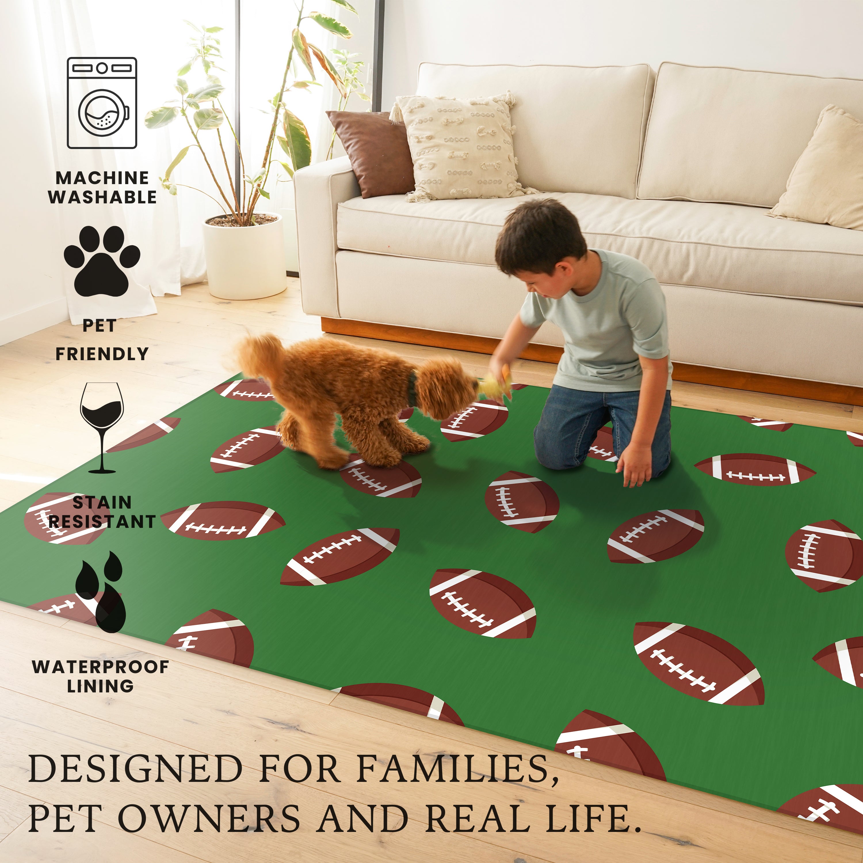 Football Pattern Green Machine Washable Rug
