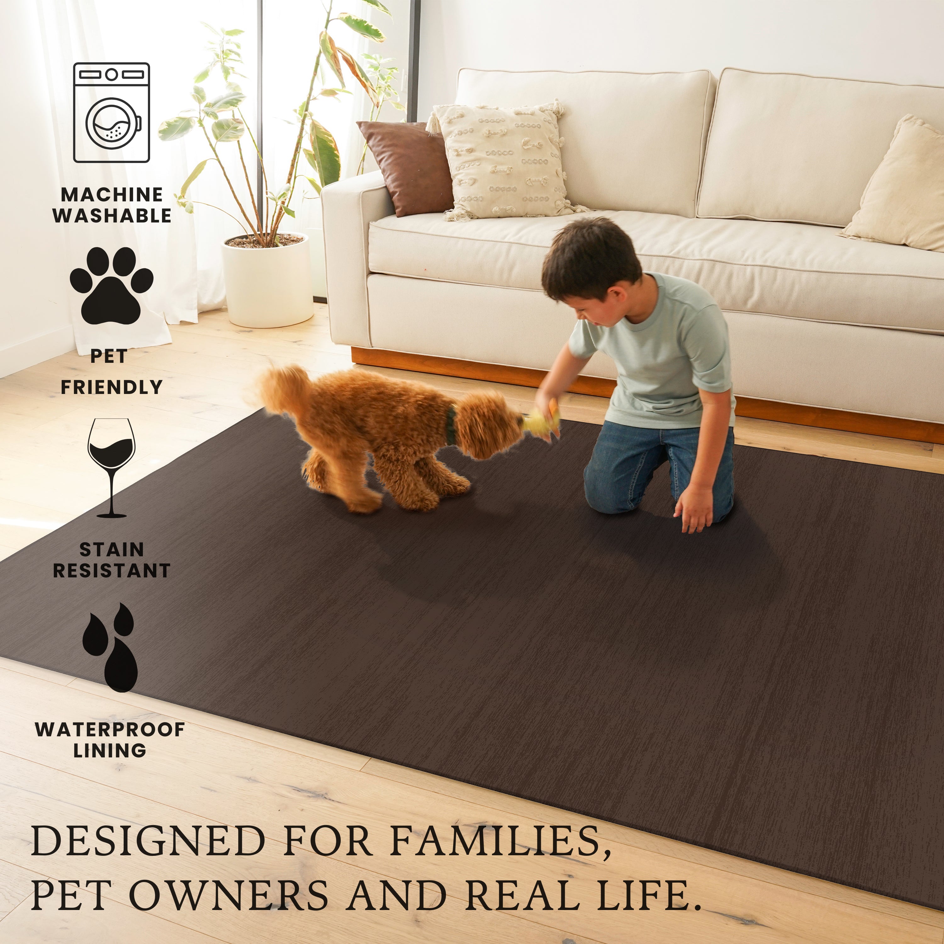 Solid Dark Brown Machine Washable Rug