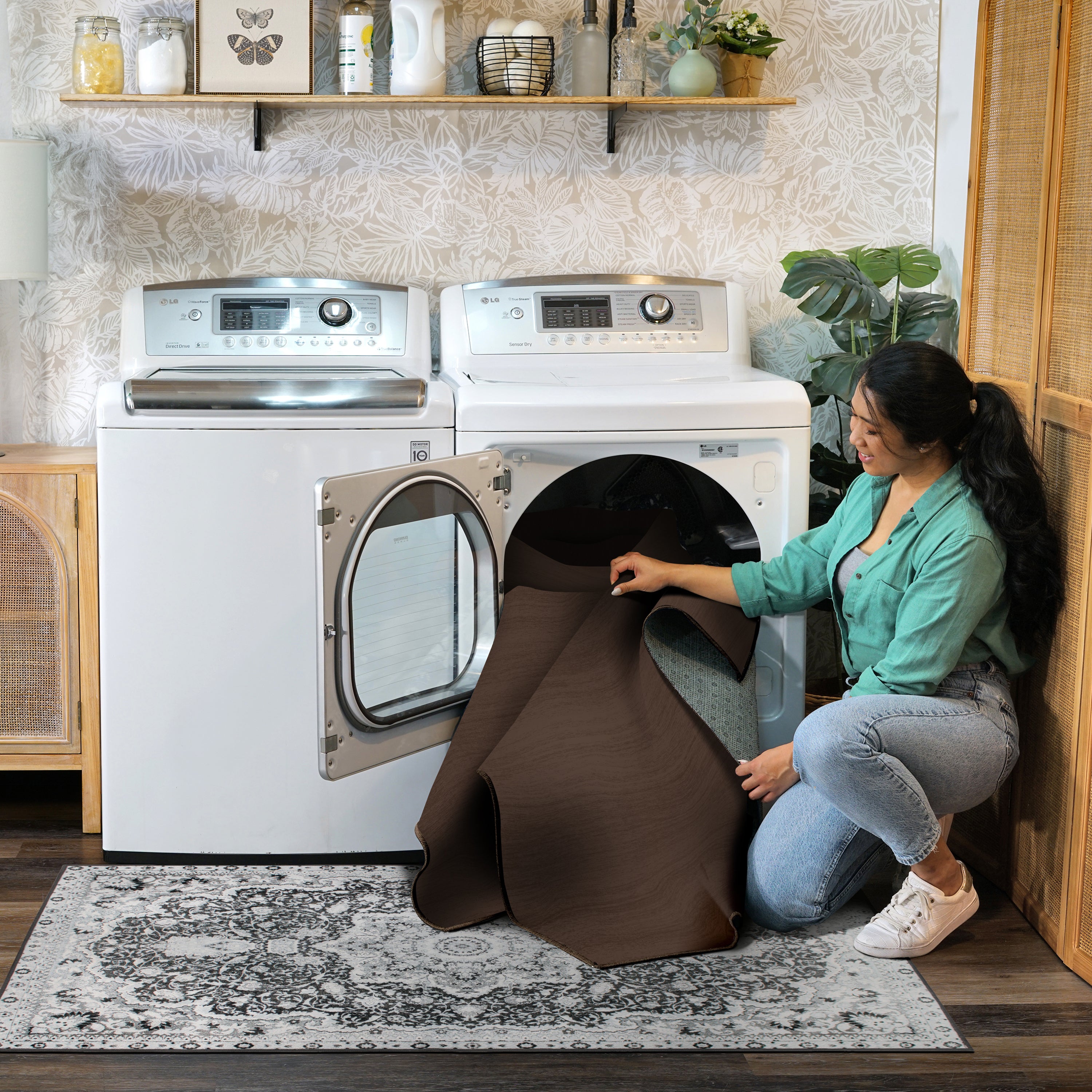 Solid Dark Brown Machine Washable Rug