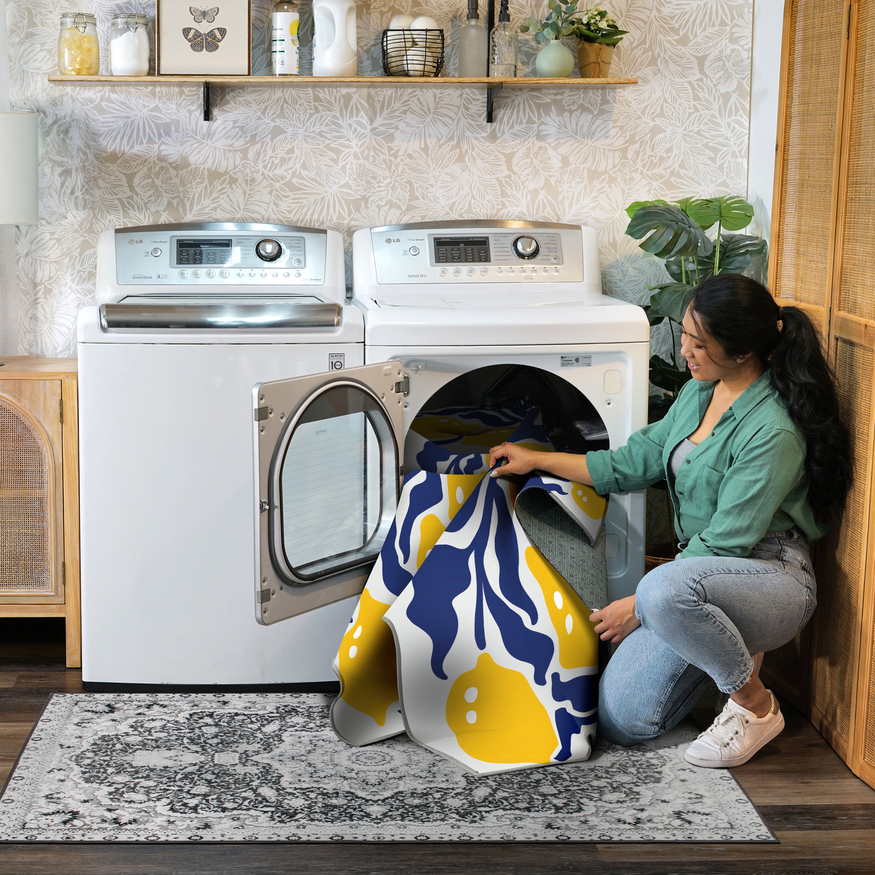 Modern Lemons Navy Yellow Lt. Grey Machine Washable Rug