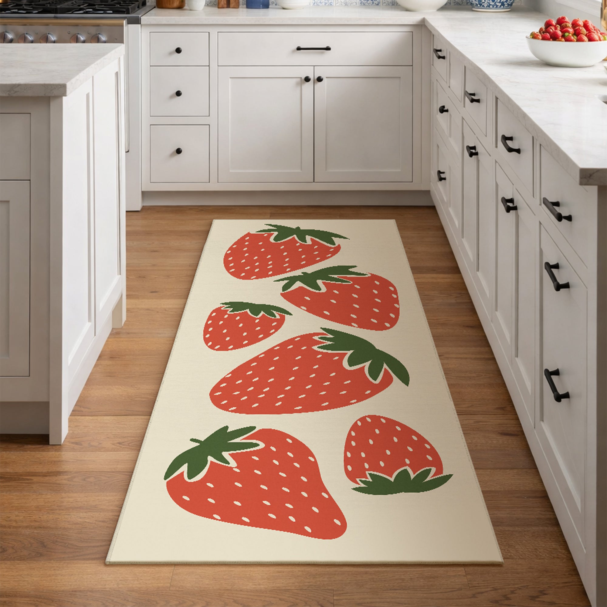 Strawberry Patch Red Green Beige Machine Washable Rug