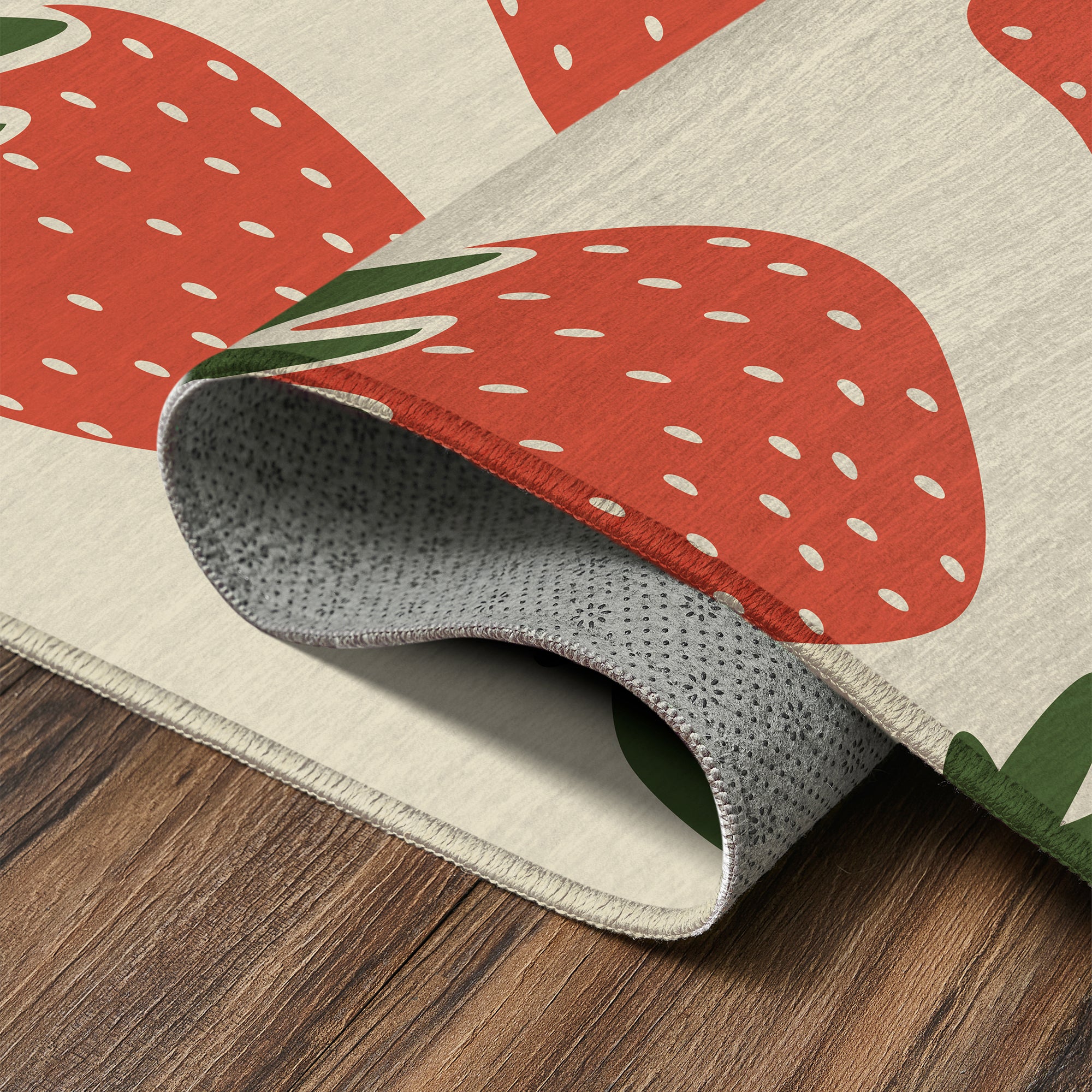 Strawberry Patch Red Green Beige Kitchen Washable Rug