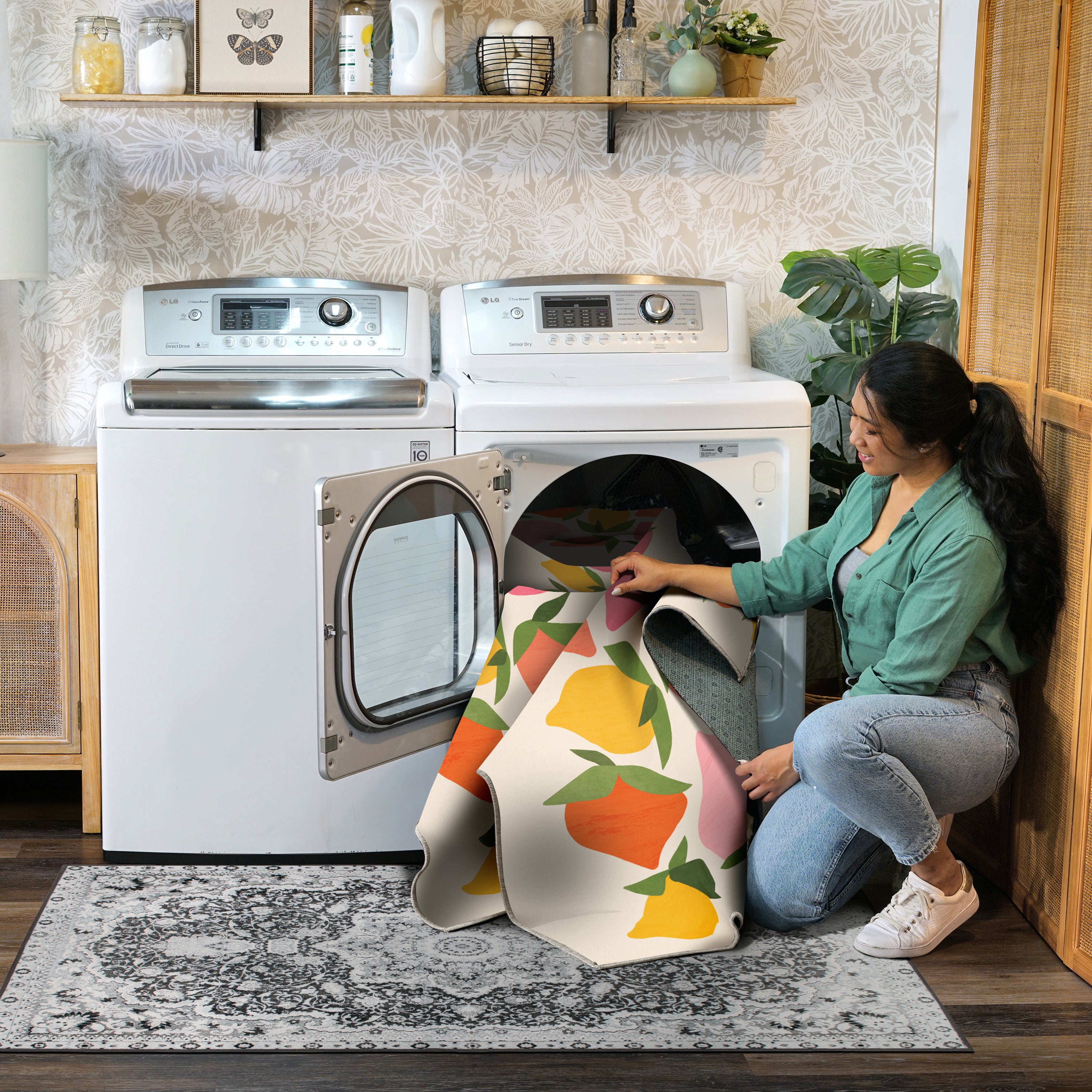 Wild Mango Coral Yellow Green Machine Washable Rug