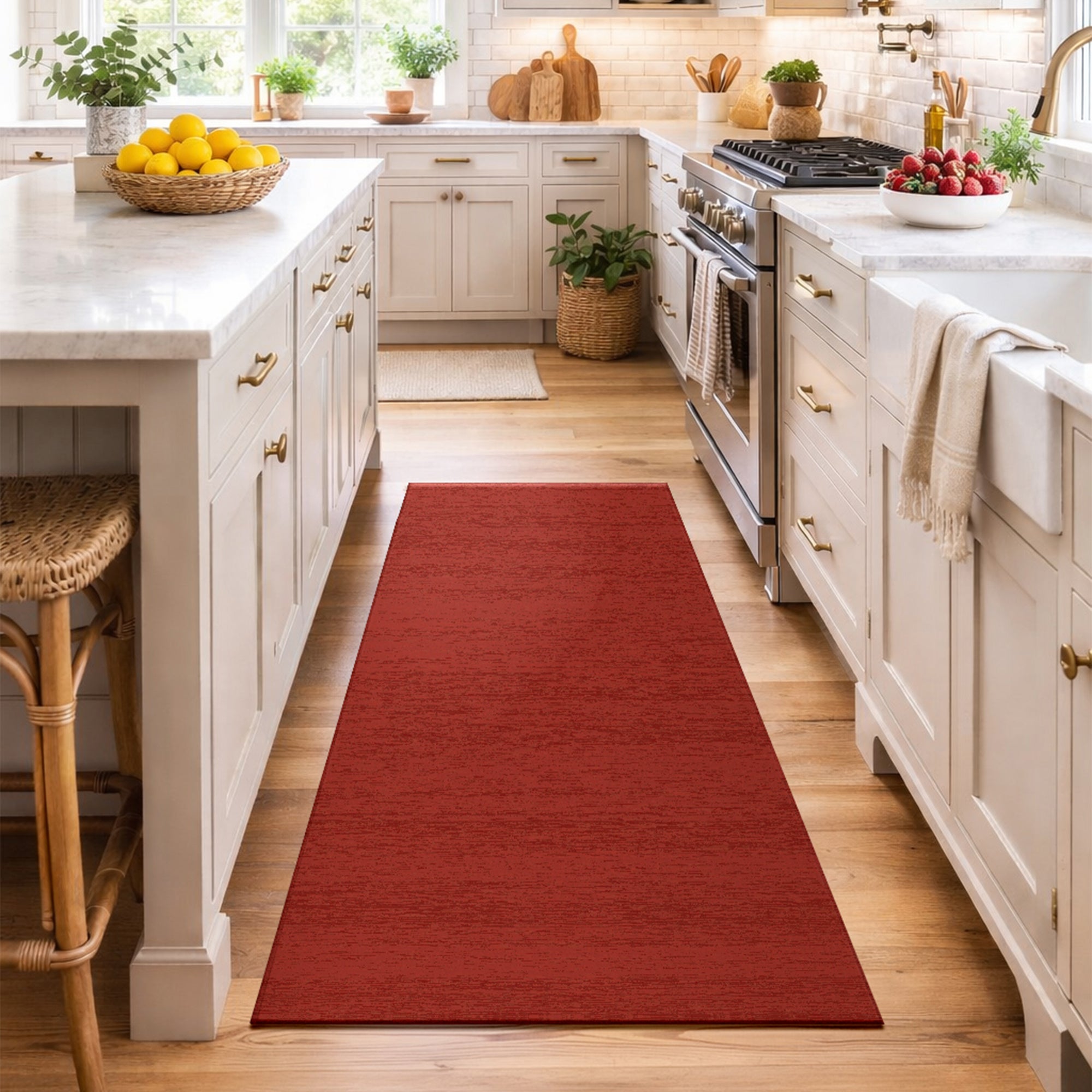 Solid Red Machine Washable Rug