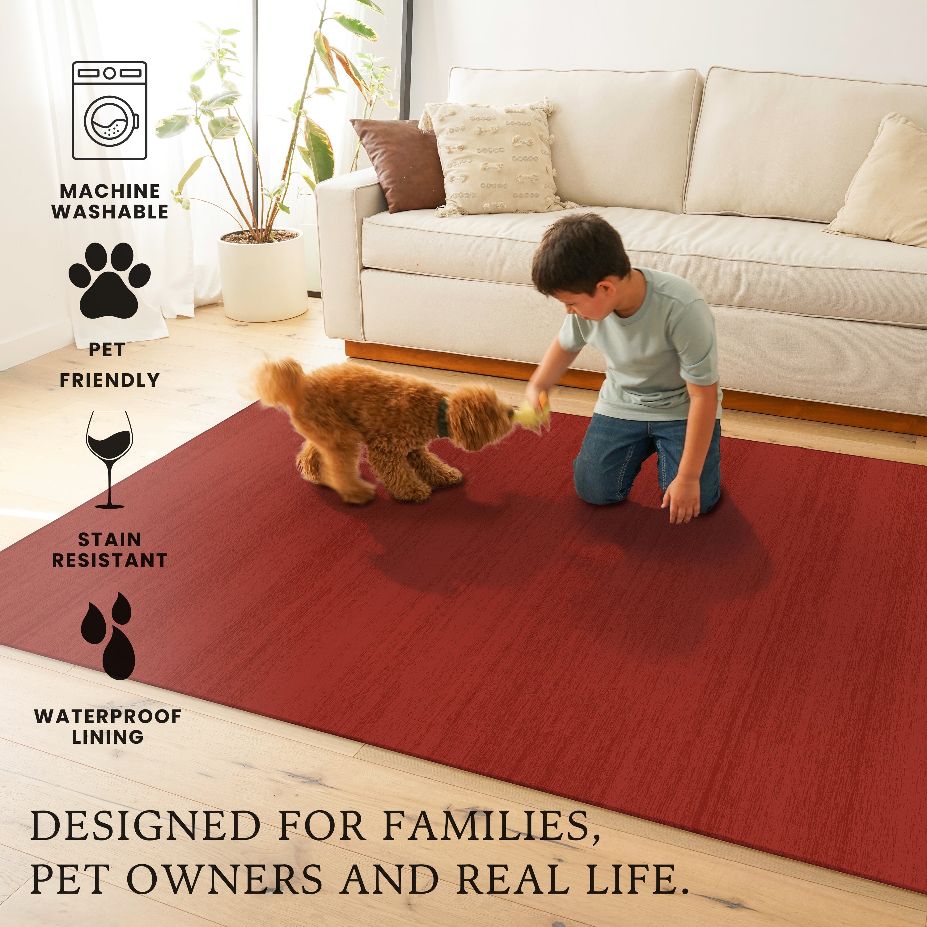 Solid Red Machine Washable Rug