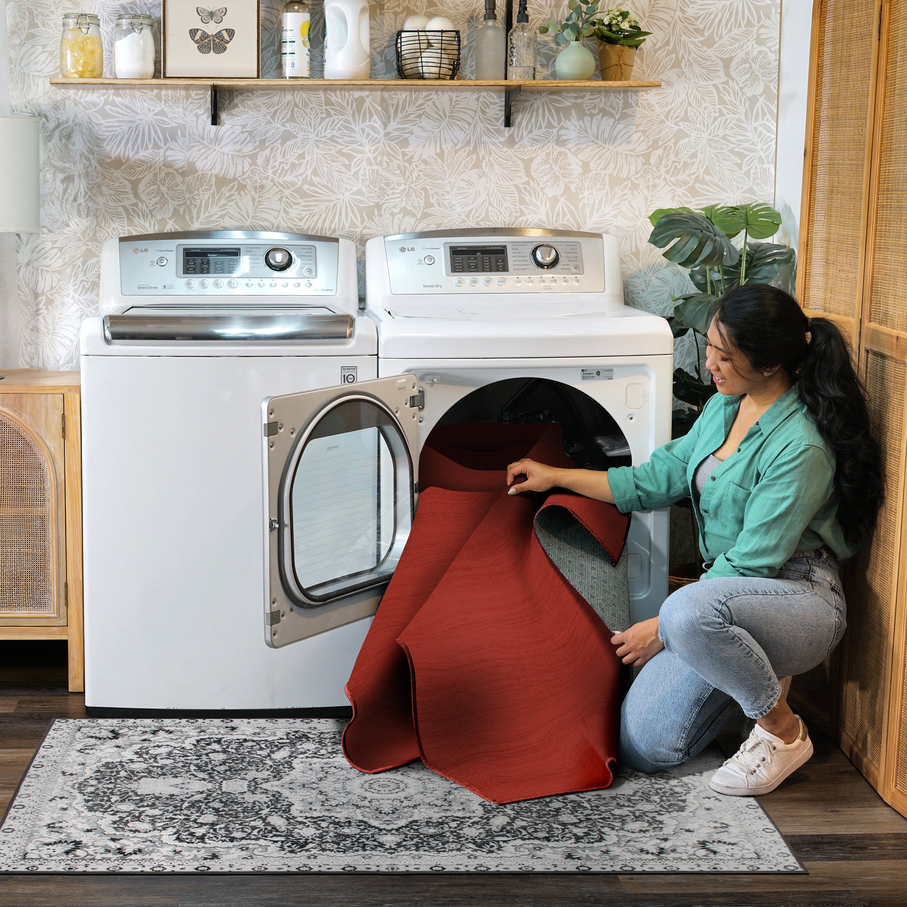Solid Red Machine Washable Rug
