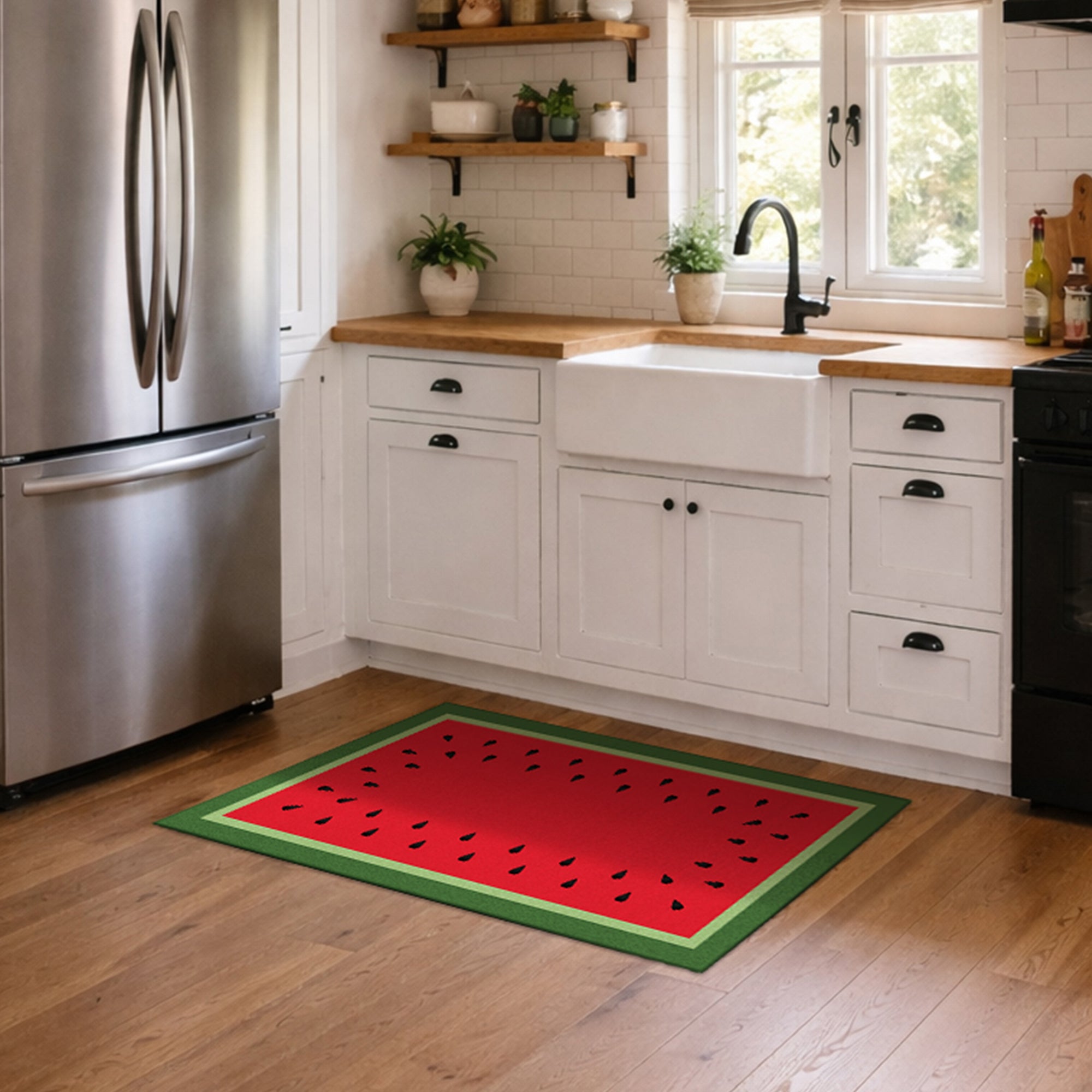 Watermelon Tray Red Green Black Machine Washable Rug