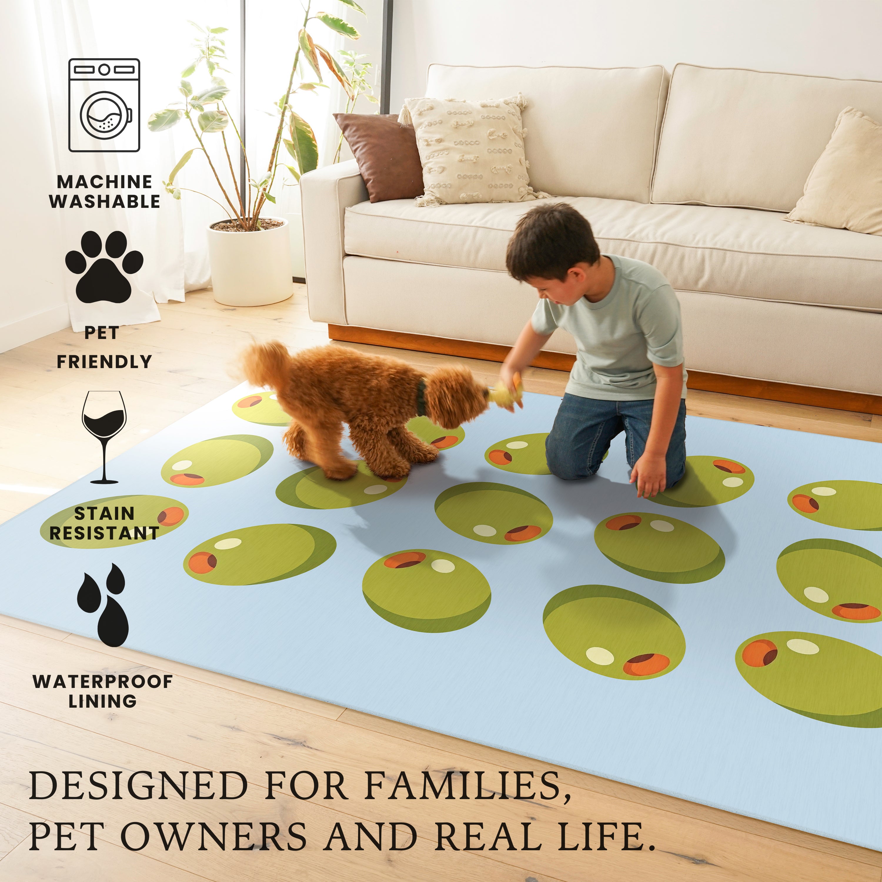 Stuffed Olives Green Light Blue Machine Washable Rug