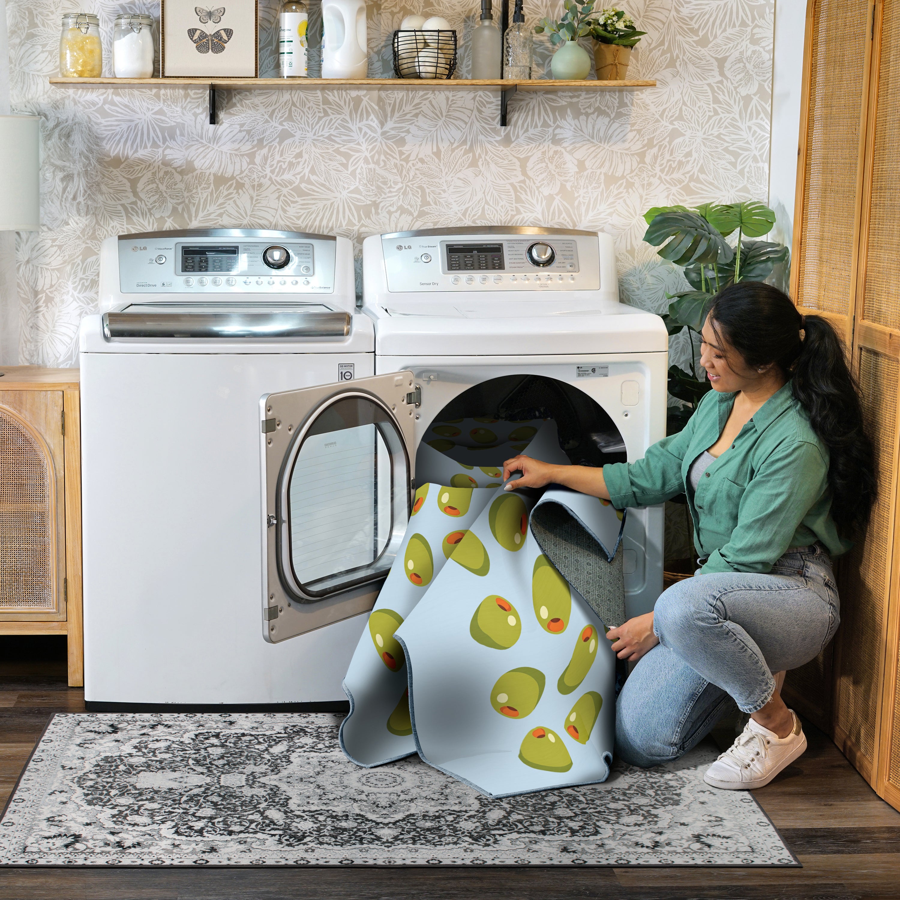 Stuffed Olives Green Light Blue Machine Washable Rug