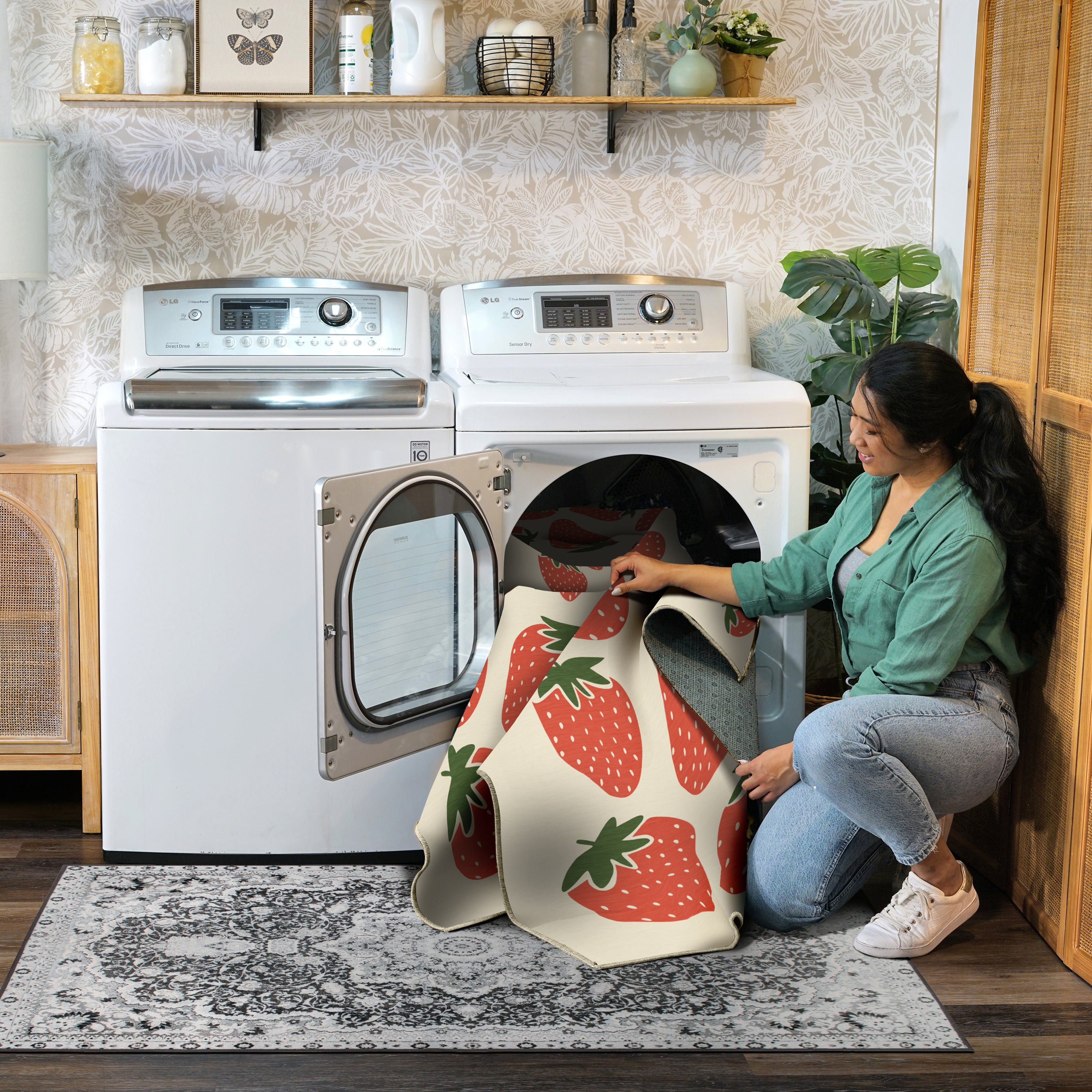 Strawberry Patch Red Green Beige Machine Washable Rug