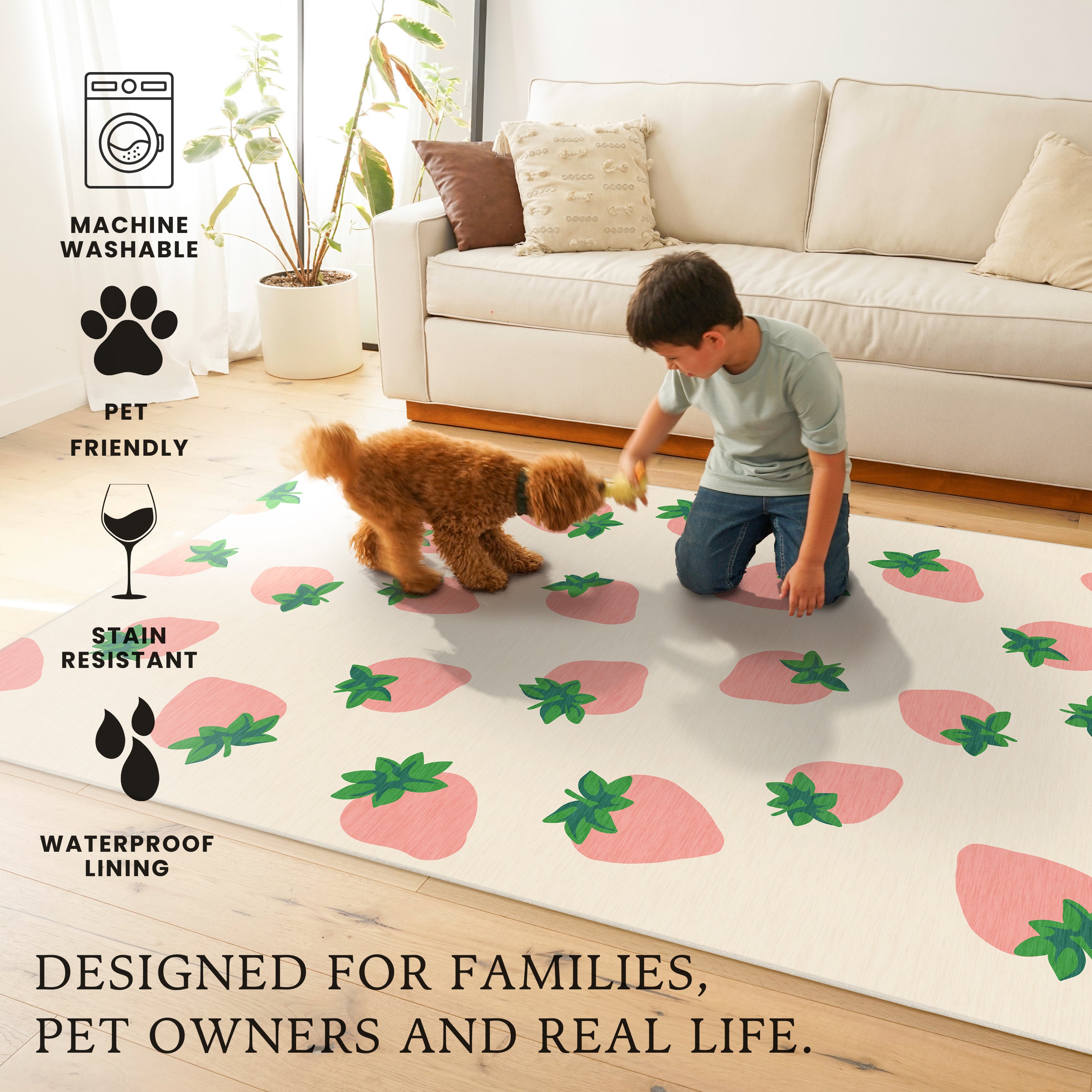 Berry Sweet Pink Green Beige Machine Washable Rug