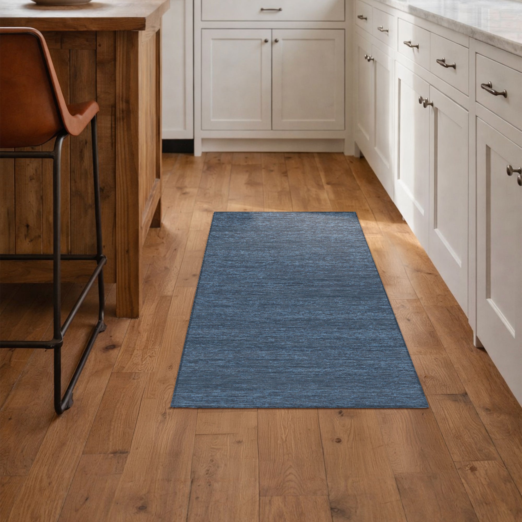 Solid Denim Blue Machine Washable Rug