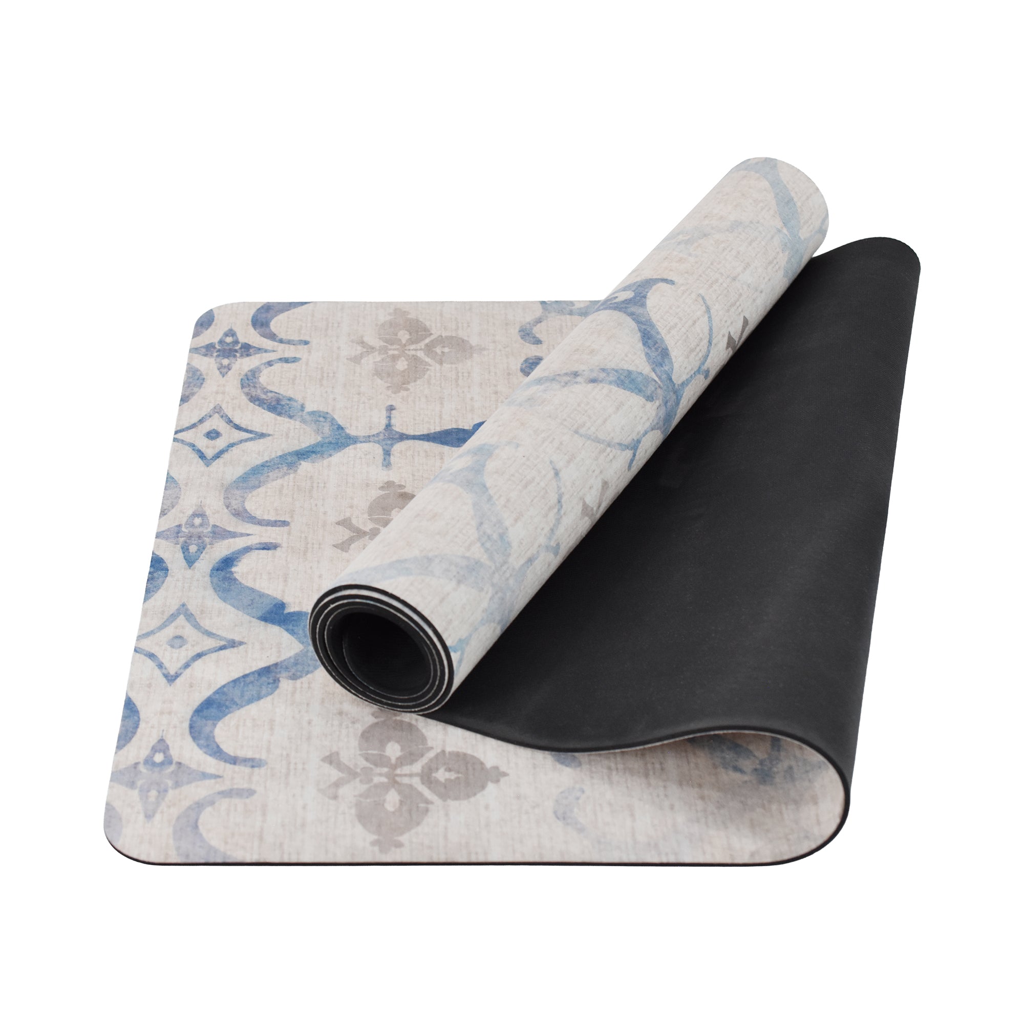 Beige blue damask washable yoga mat non slip decorative fitness mat for home workout