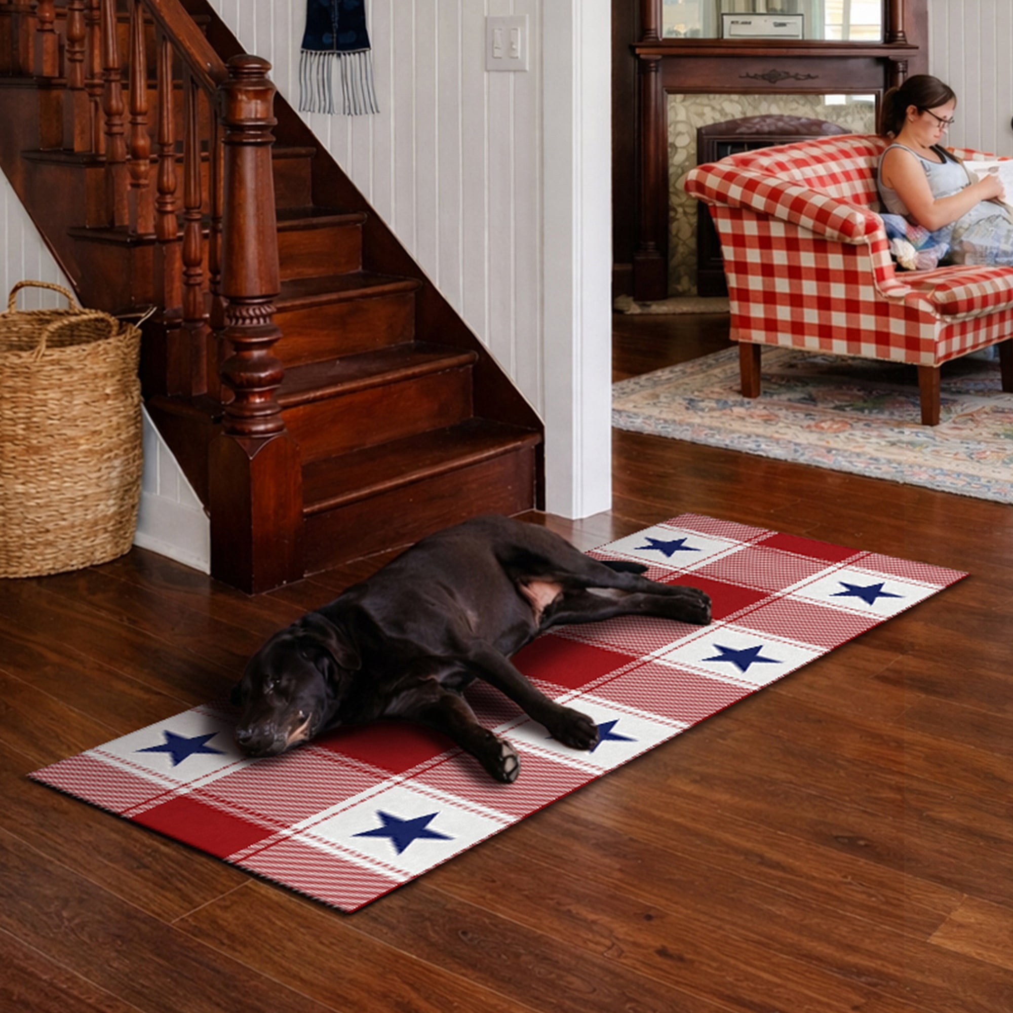 Machine washable buffalo plaid stars rug in red white and blue patriotic farmhouse design runner and area rug for kitchen entryway and living room