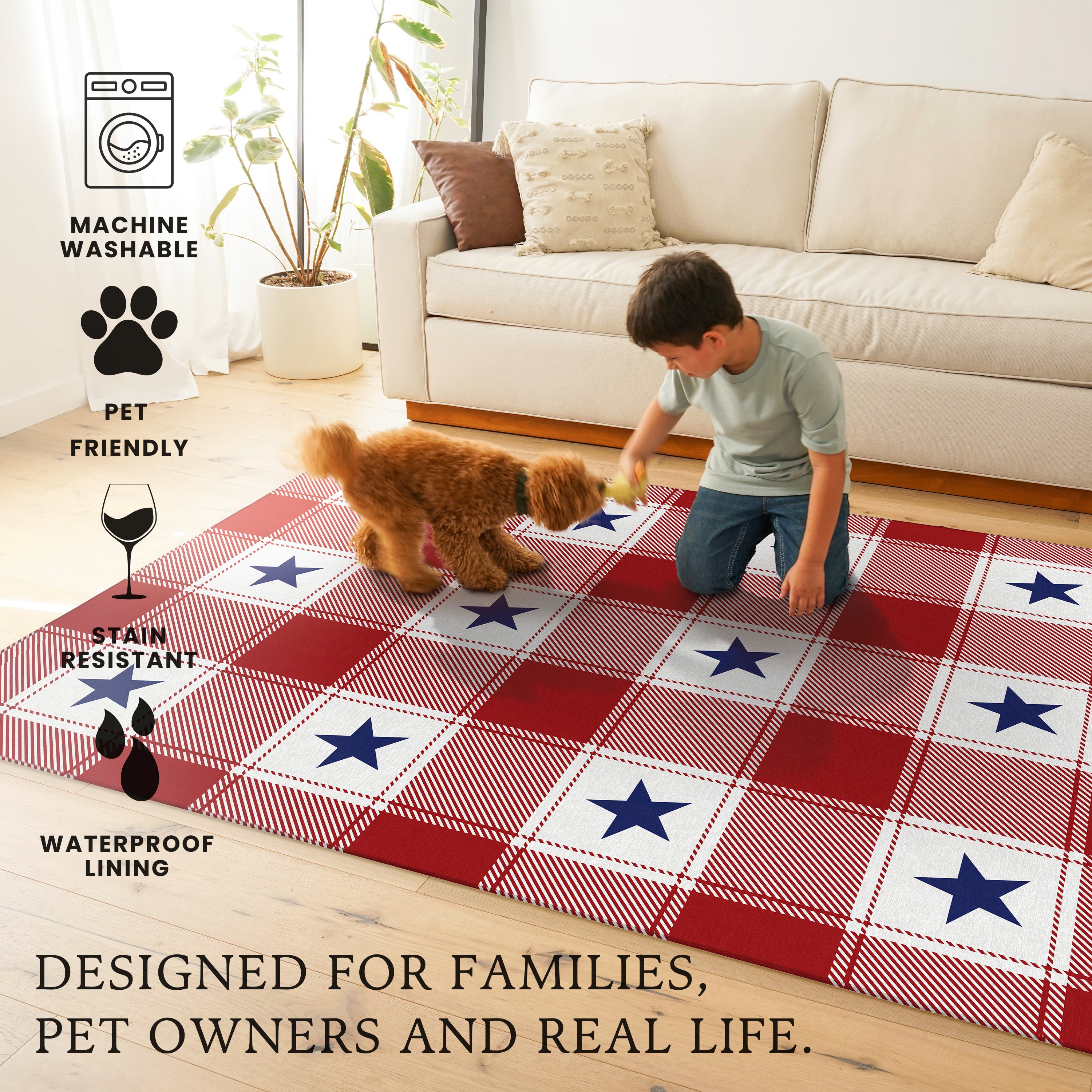 Machine washable buffalo plaid stars rug in red white and blue patriotic farmhouse design runner and area rug for kitchen entryway and living room